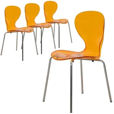 Modern Oyster Side Chair in Transparent Orange with Chromed Base Set of 4