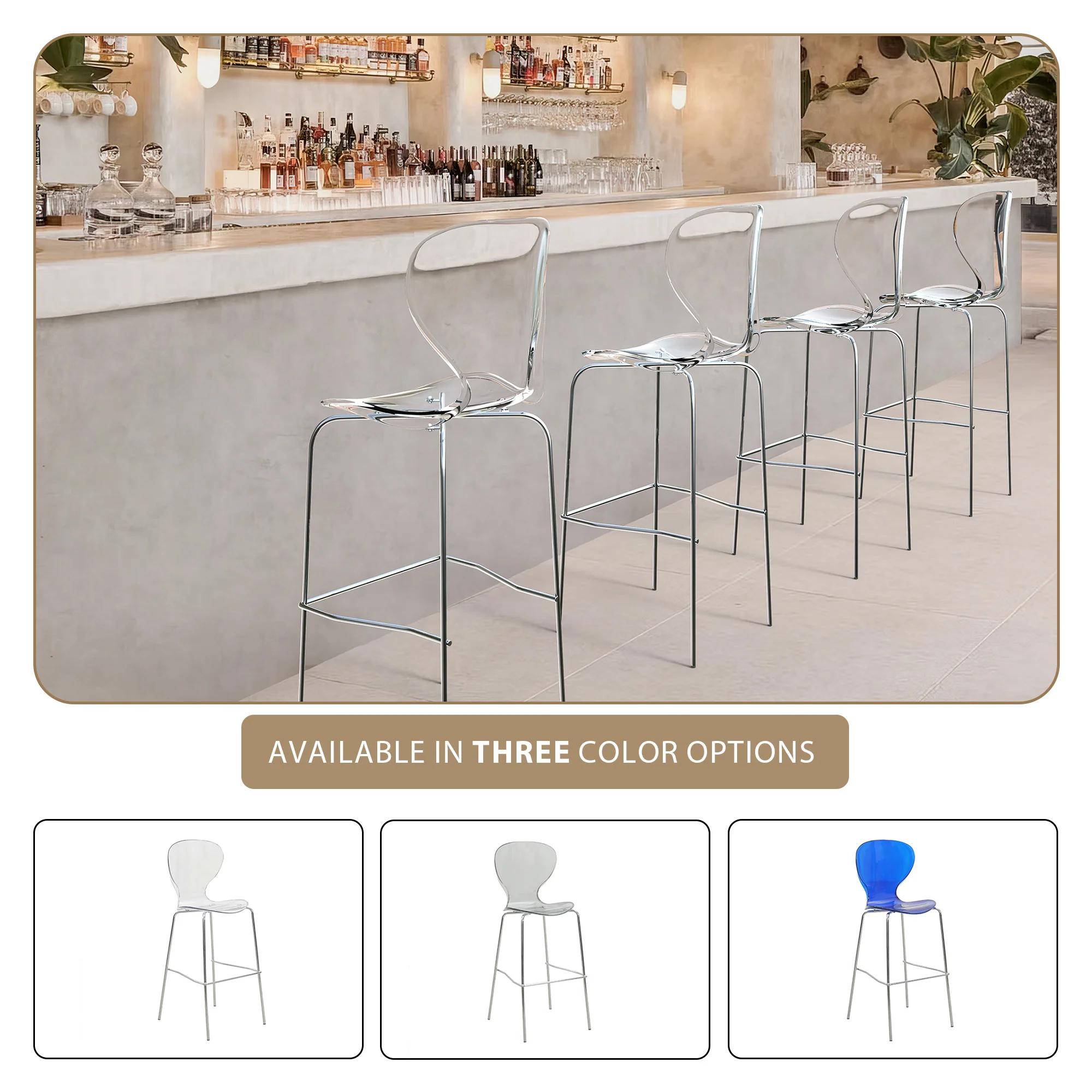 Oyster Acrylic Barstool with Steel Frame in Chrome Finish in Clear
