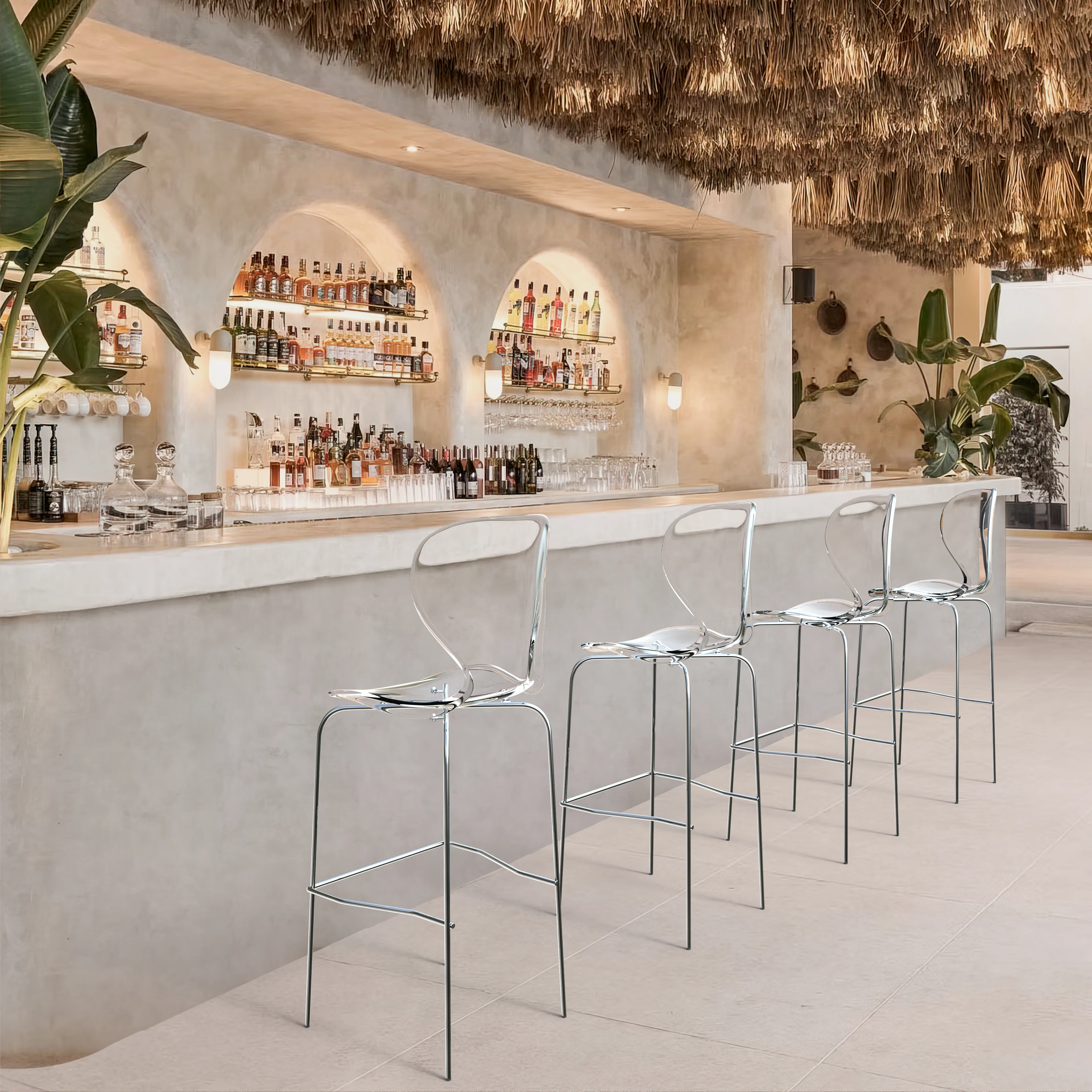 Oyster Acrylic Barstool with Steel Frame in Chrome Finish in Clear