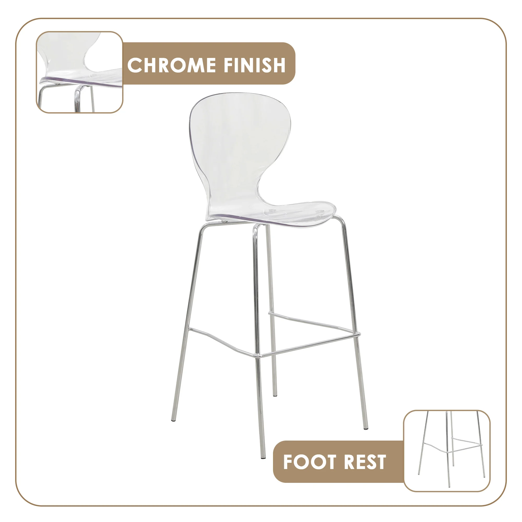 Oyster Acrylic Barstool with Steel Frame in Chrome Finish in Clear