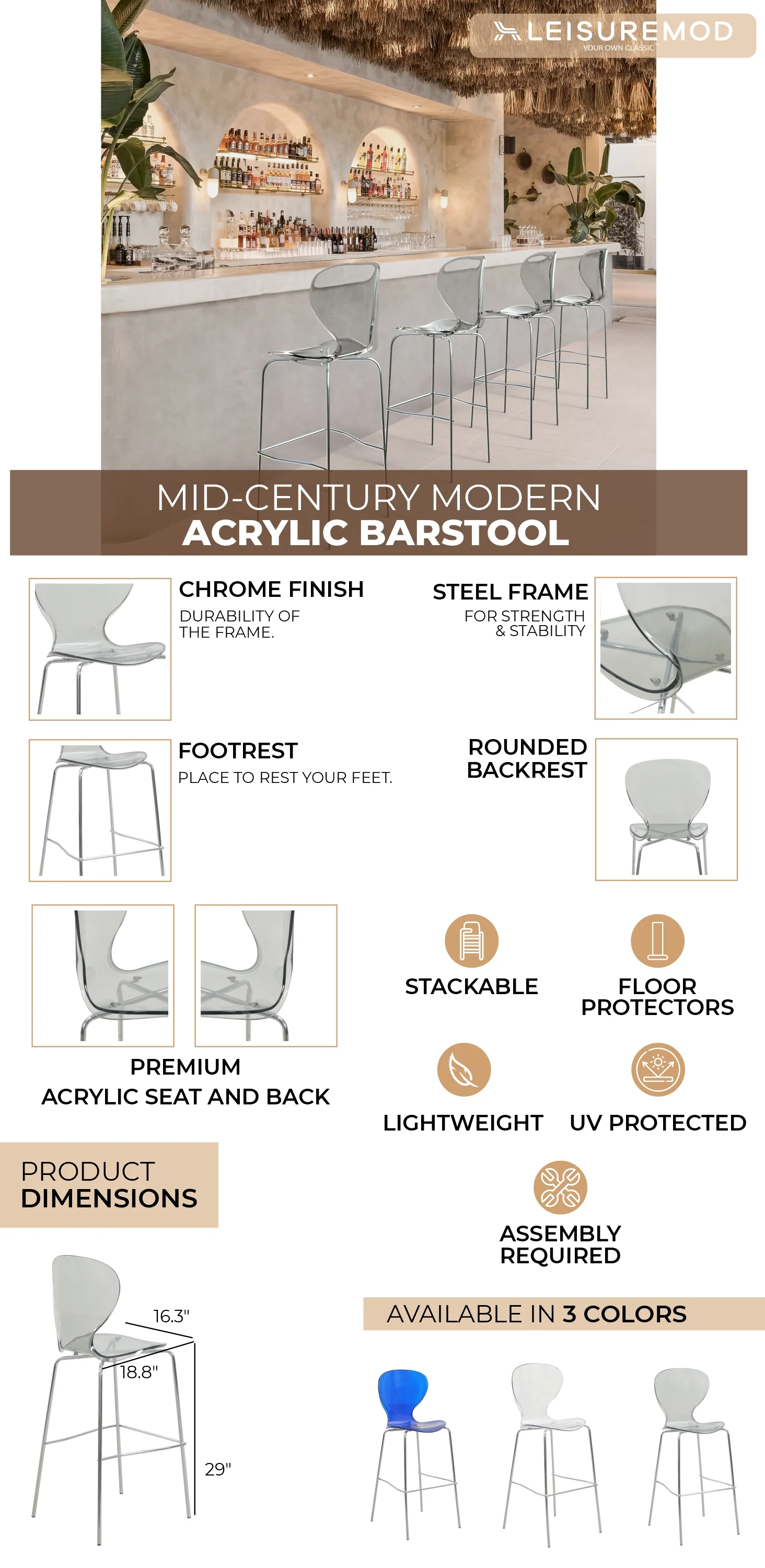 Oyster Acrylic Barstool with Steel Frame in Chrome Finish in Smoke