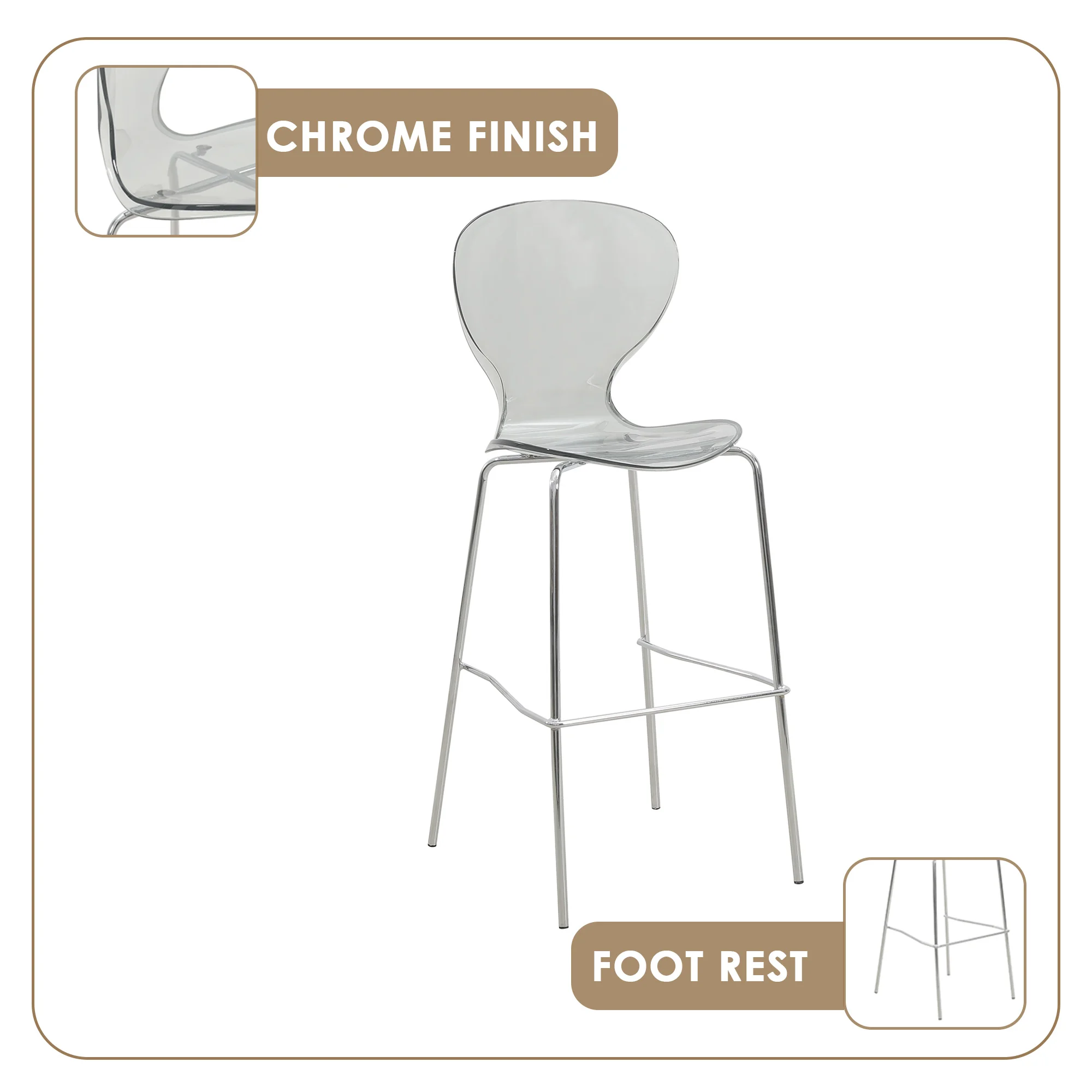 Oyster Acrylic Barstool with Steel Frame in Chrome Finish in Smoke