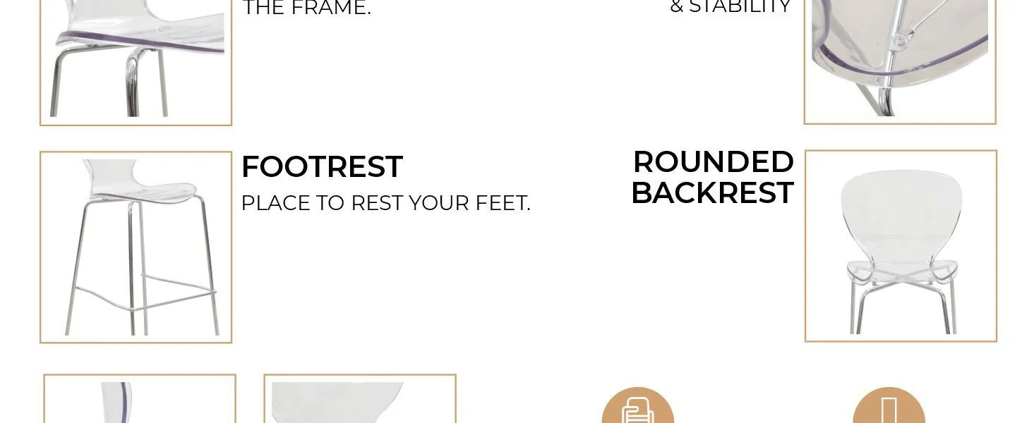 Oyster Acrylic Barstool with Steel Frame in Chrome Finish in Smoke