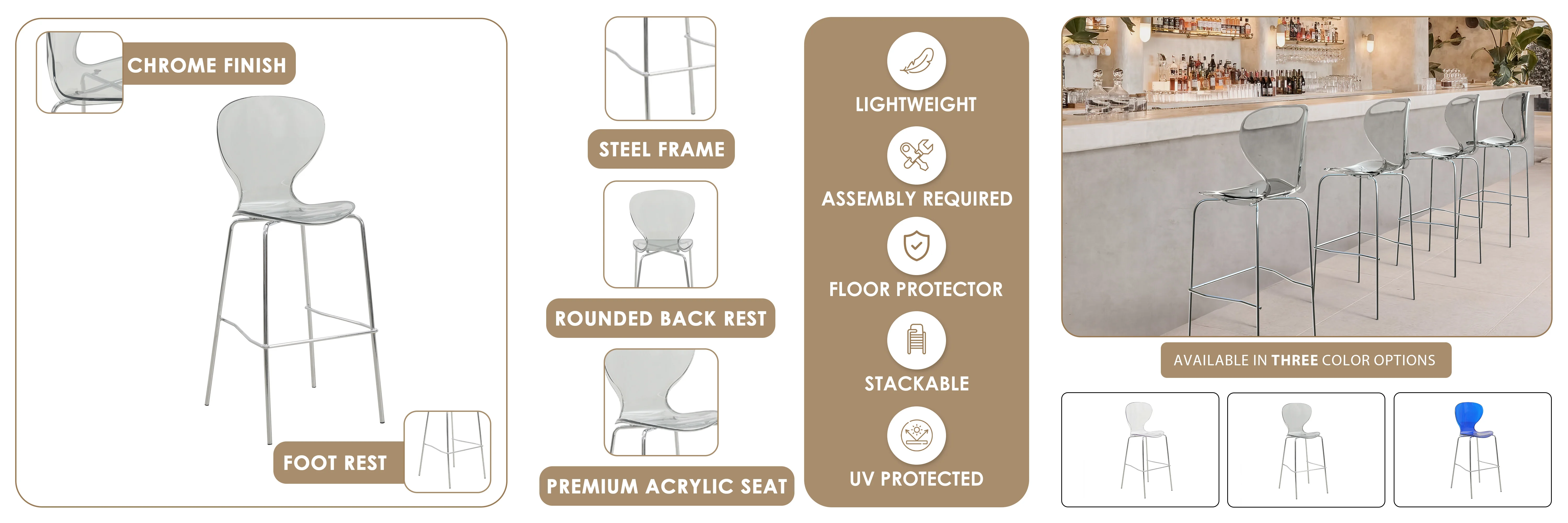 Oyster Acrylic Barstool with Steel Frame in Chrome Finish in Smoke