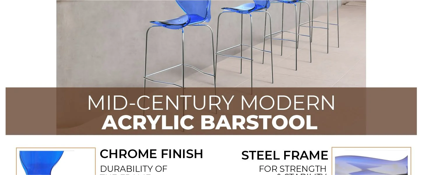 Oyster Acrylic Barstool with Steel Frame in Chrome Finish in Transparent Blue