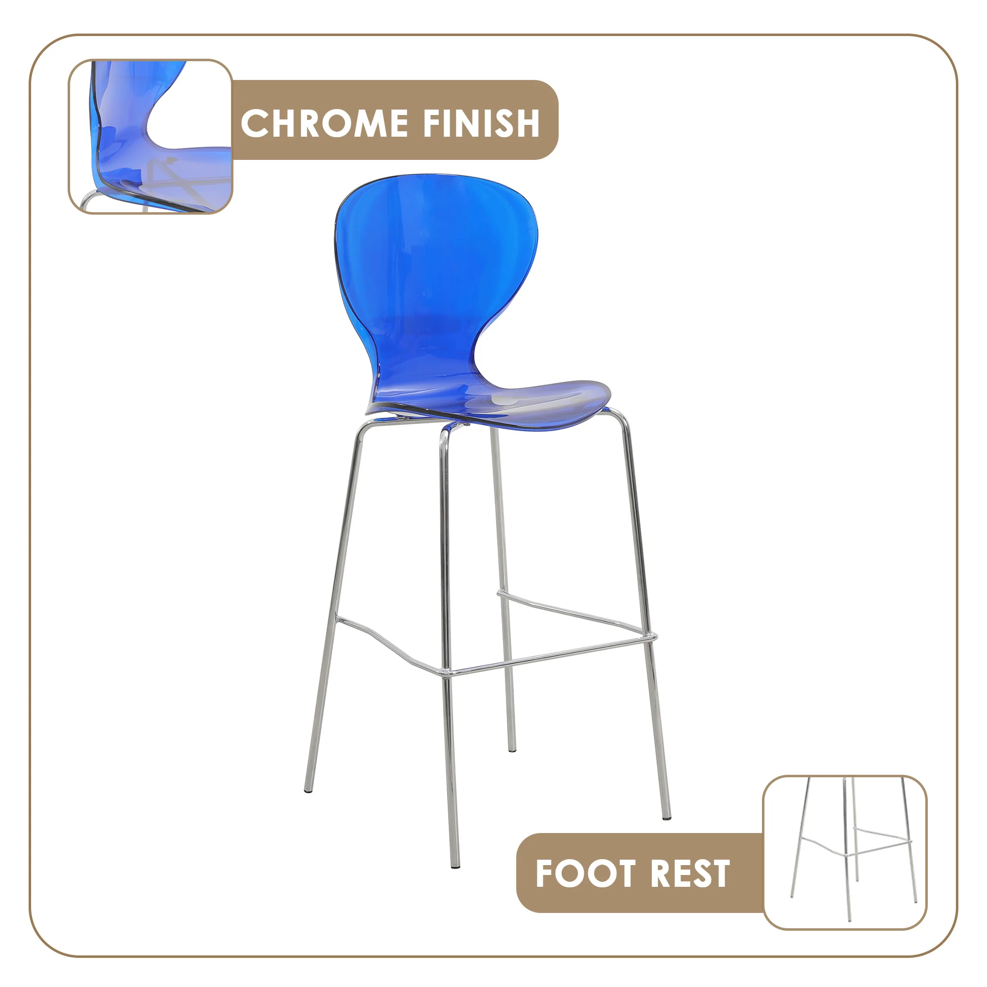 Oyster Acrylic Barstool with Steel Frame in Chrome Finish in Transparent Blue