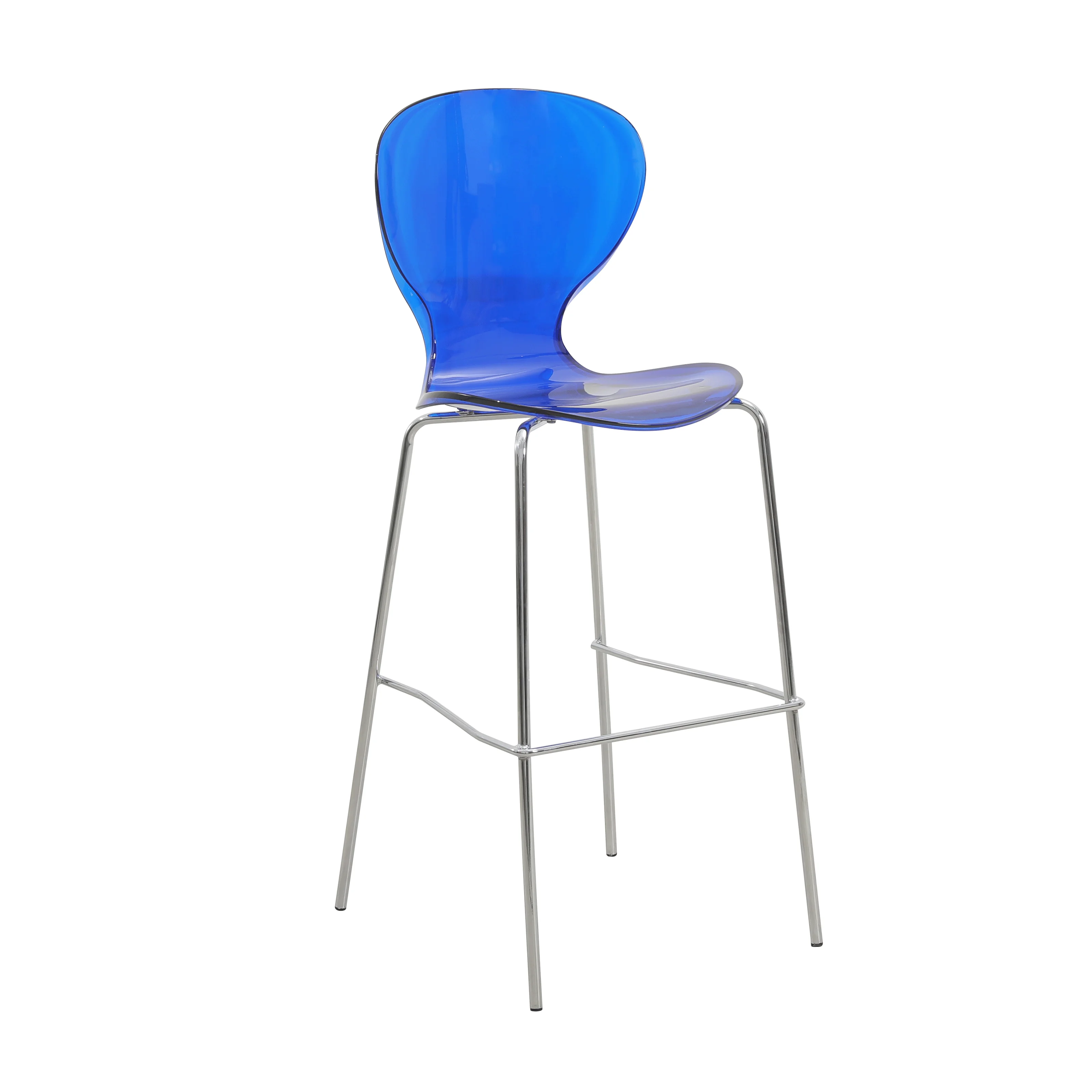 Oyster Acrylic Barstool with Steel Frame in Chrome Finish in Transparent Blue