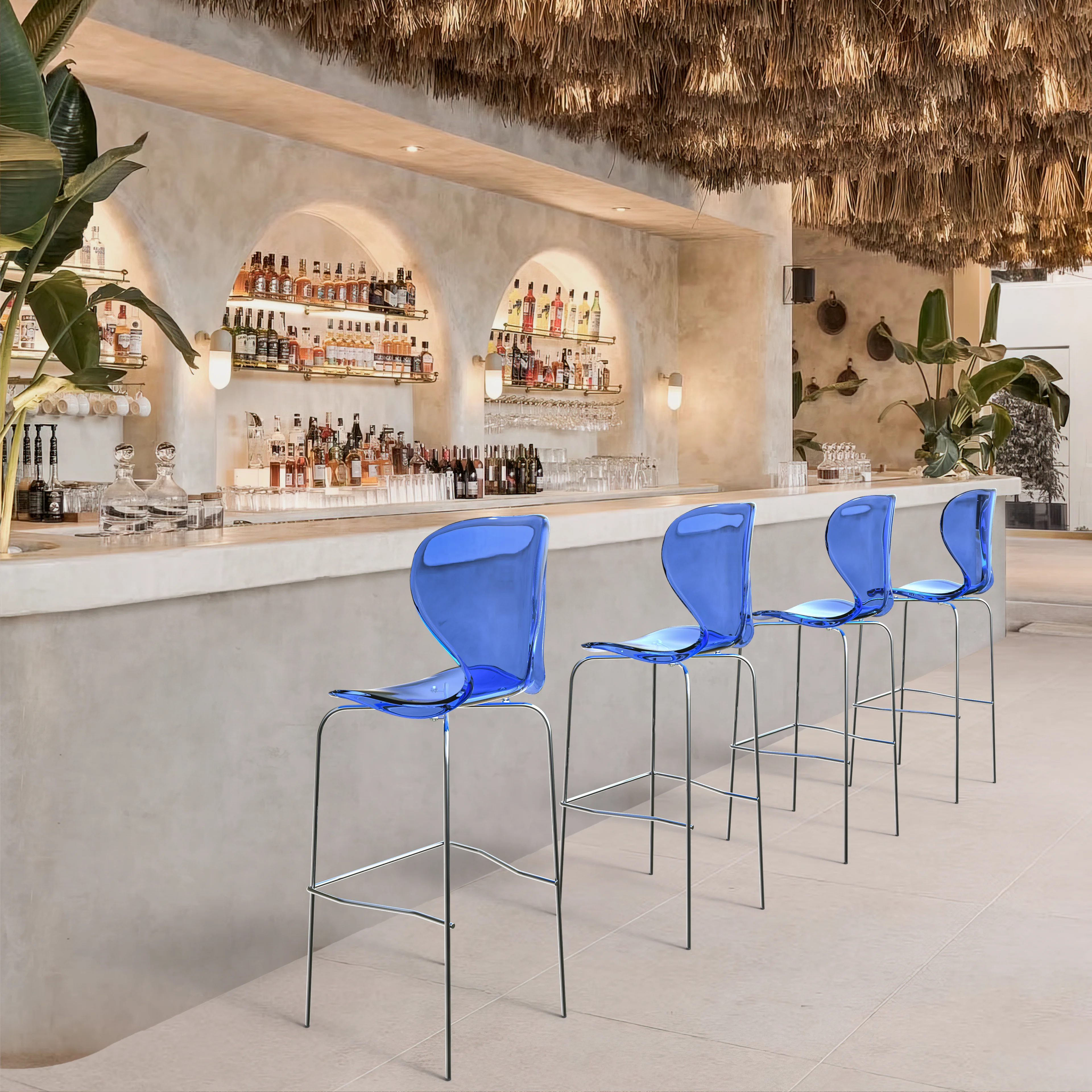 Oyster Acrylic Barstool with Steel Frame in Chrome Finish in Transparent Blue
