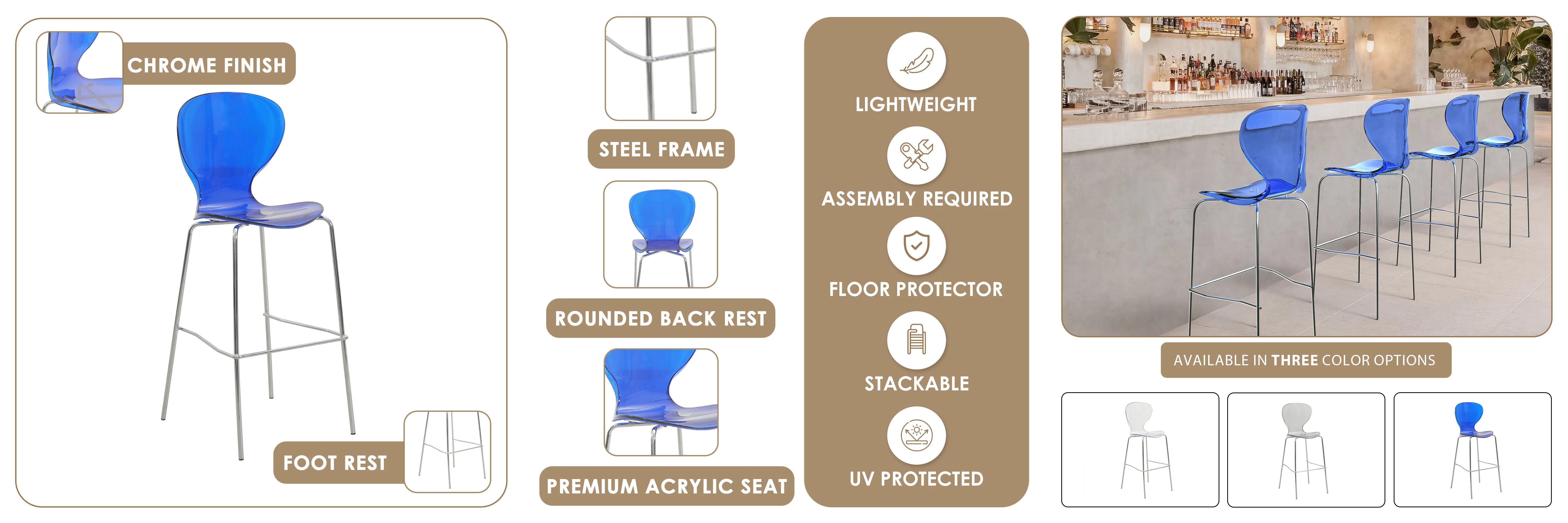 Oyster Acrylic Barstool with Steel Frame in Chrome Finish in Transparent Blue