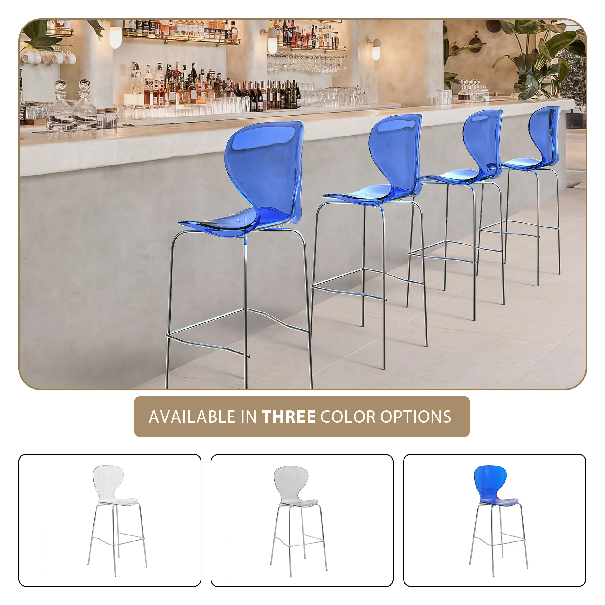 Oyster Acrylic Barstool with Steel Frame in Chrome Finish in Transparent Blue