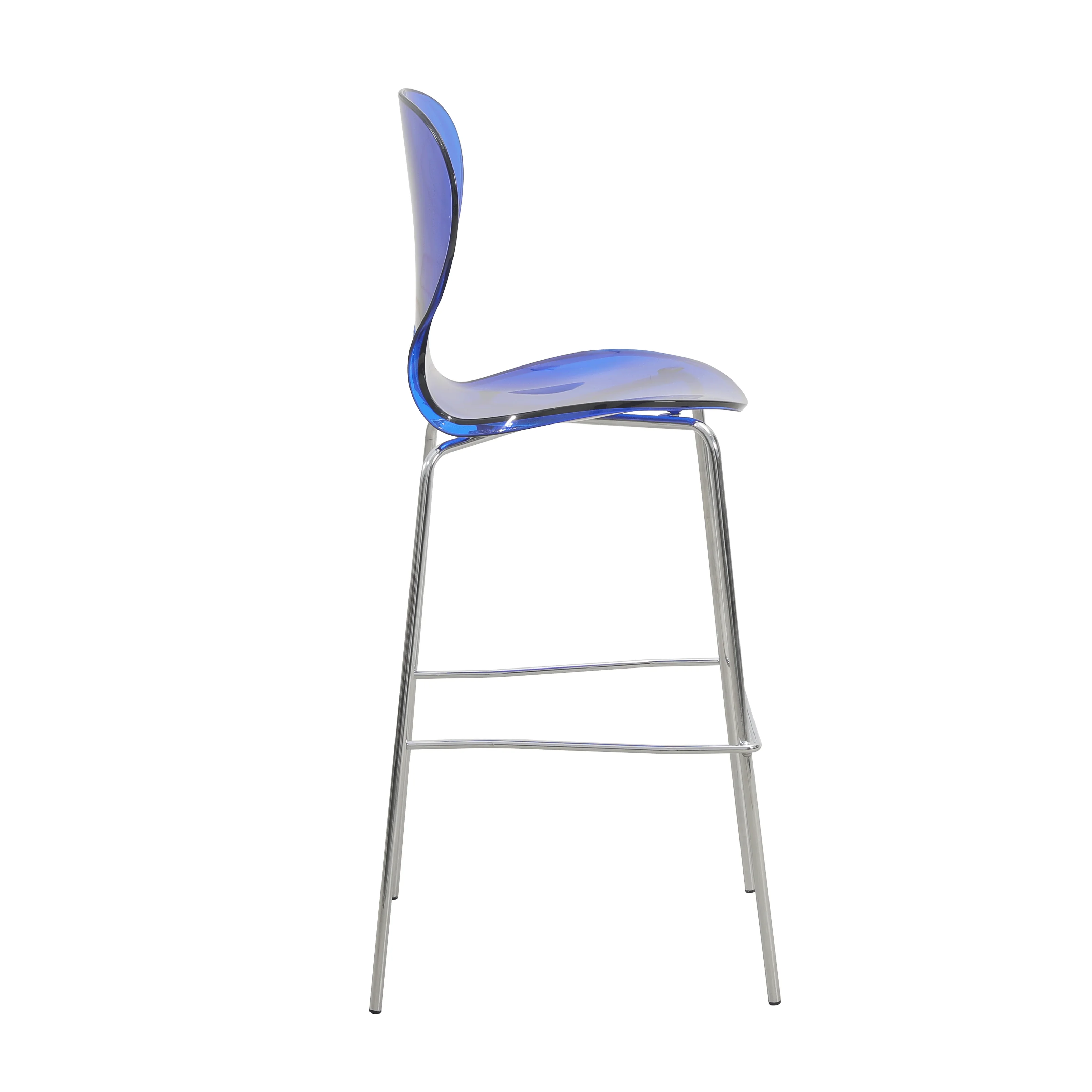 Oyster Acrylic Barstool with Steel Frame in Chrome Finish Set of 2 in Transparent Blue
