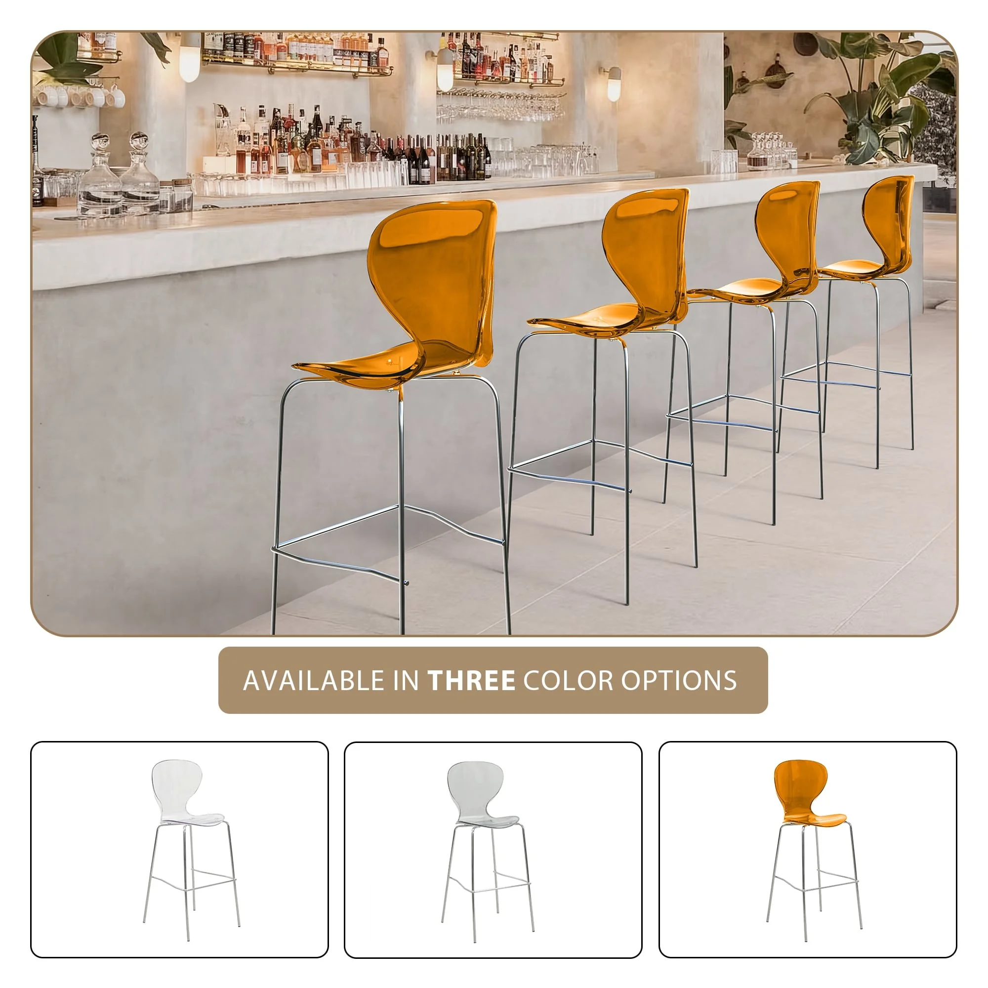 Oyster Acrylic Barstool with Steel Frame in Chrome Finish in Transparent Orange
