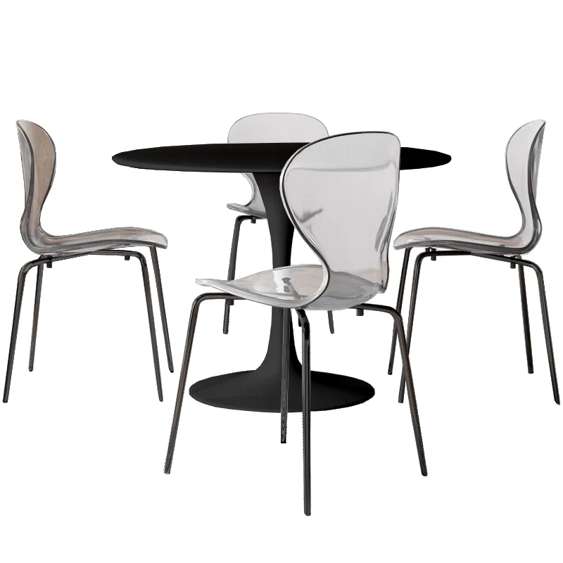 5-Piece Dining Set Round Black MDF Dining Table and 4 Plastic Dining Chairs with Black Base