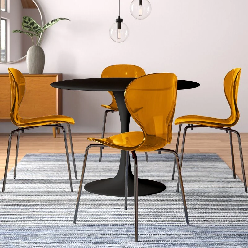 5-Piece Dining Set Round Black MDF Dining Table and 4 Plastic Dining Chairs with Black Base