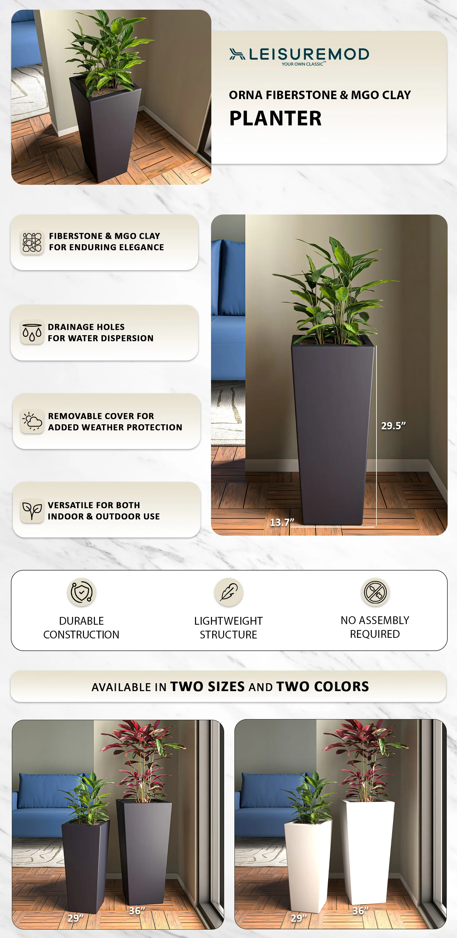 Orna Series Poly Stone Planter 13.8 Dia 29.4 High in Black