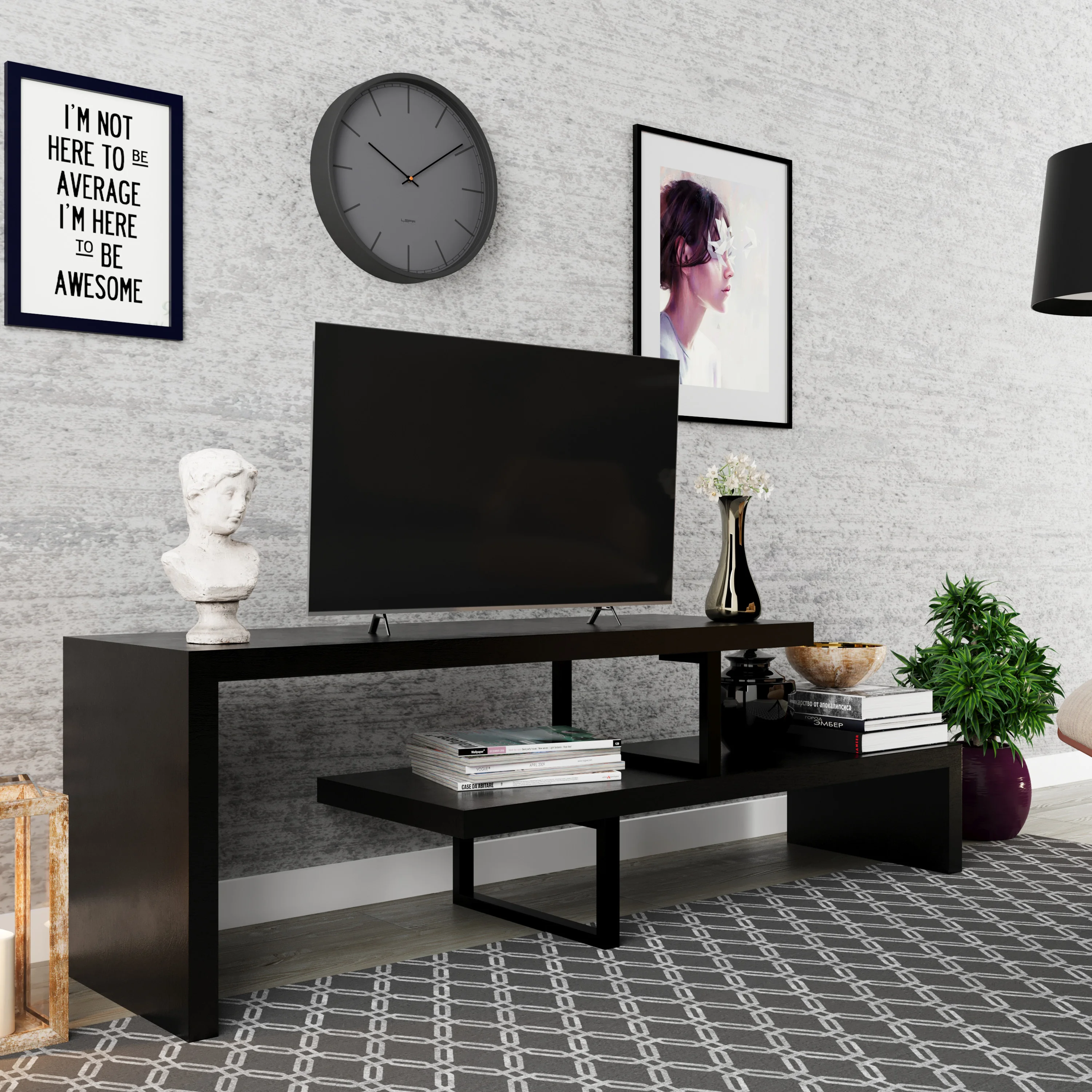 Orford Mid-Century Modern TV Stand with MDF Shelves and Powder Coated Iron Legs in Ebony