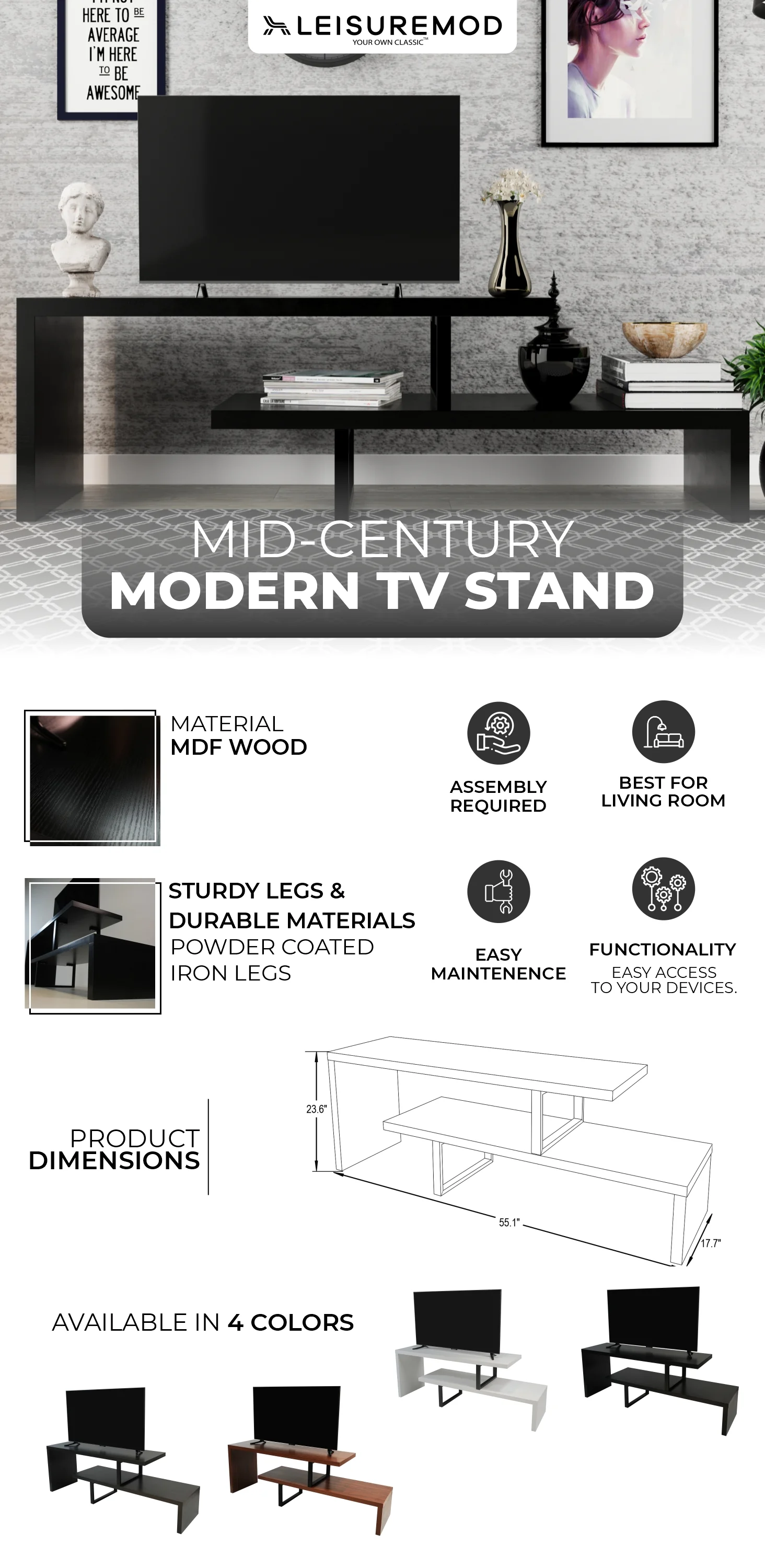 Orford Mid-Century Modern TV Stand with MDF Shelves and Powder Coated Iron Legs in Ebony
