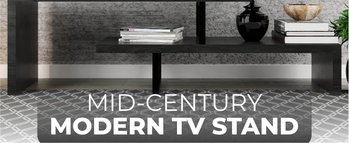 Orford Mid-Century Modern TV Stand with MDF Shelves and Powder Coated Iron Legs in Phantom Grey