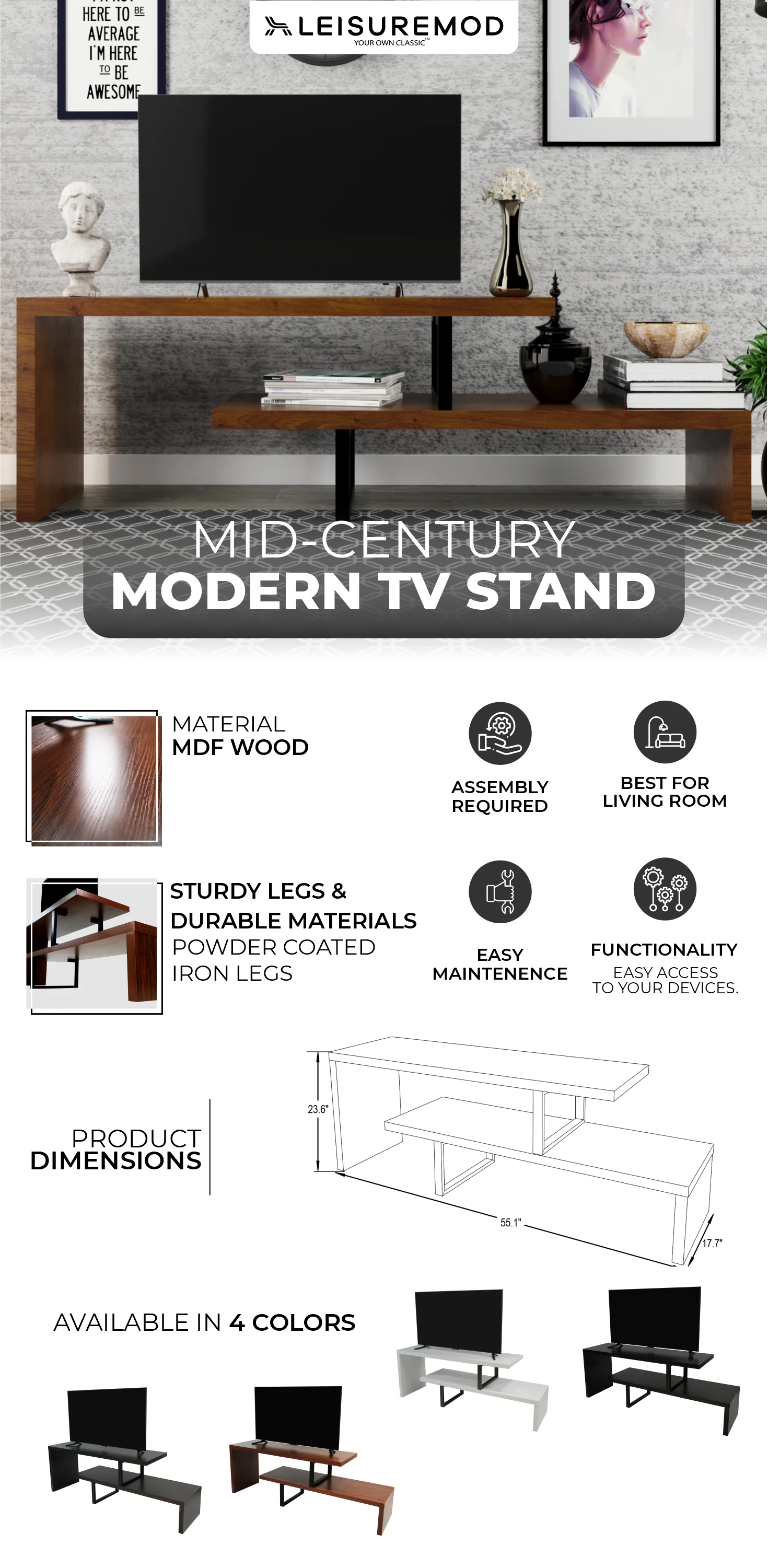 Orford Mid-Century Modern TV Stand with MDF Shelves and Powder Coated Iron Legs in Walnut