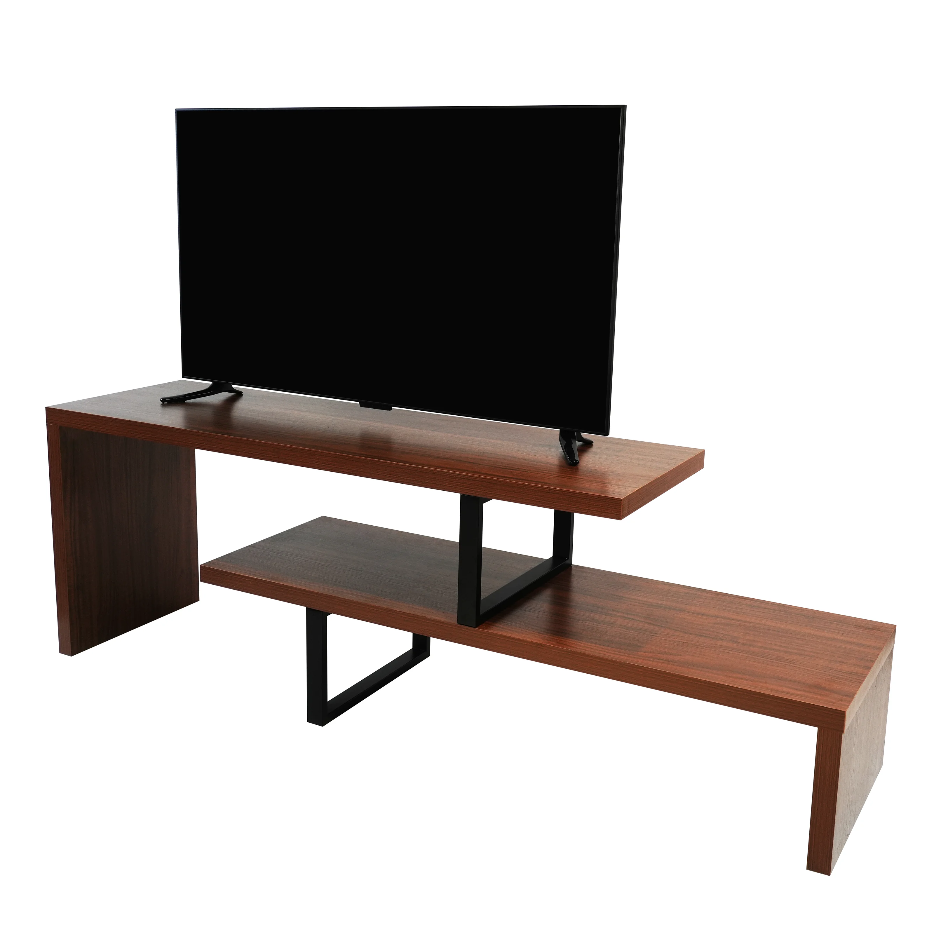 Orford Mid-Century Modern TV Stand with MDF Shelves and Powder Coated Iron Legs in Walnut