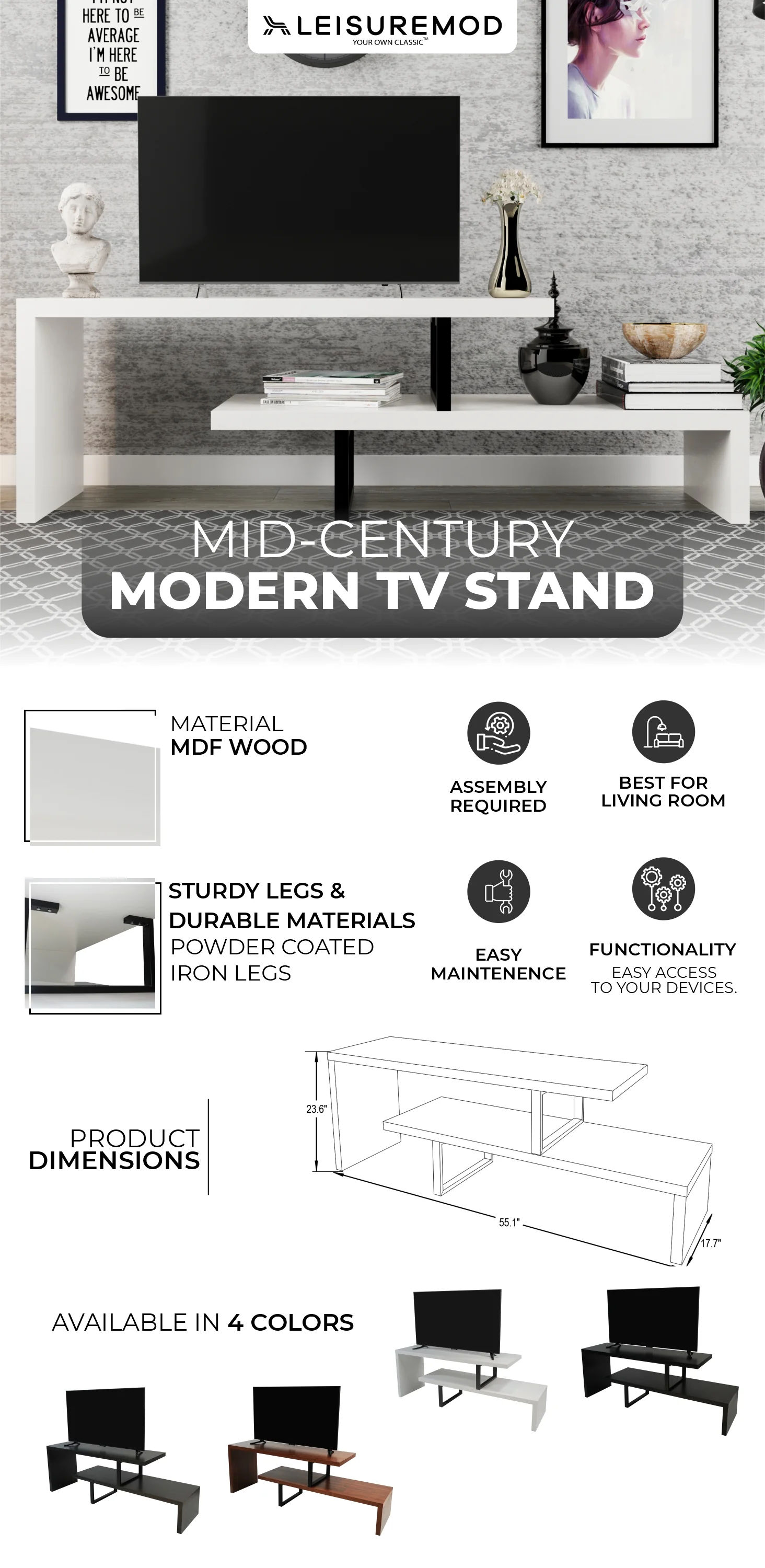 Orford Mid-Century Modern TV Stand with MDF Shelves and Powder Coated Iron Legs in White
