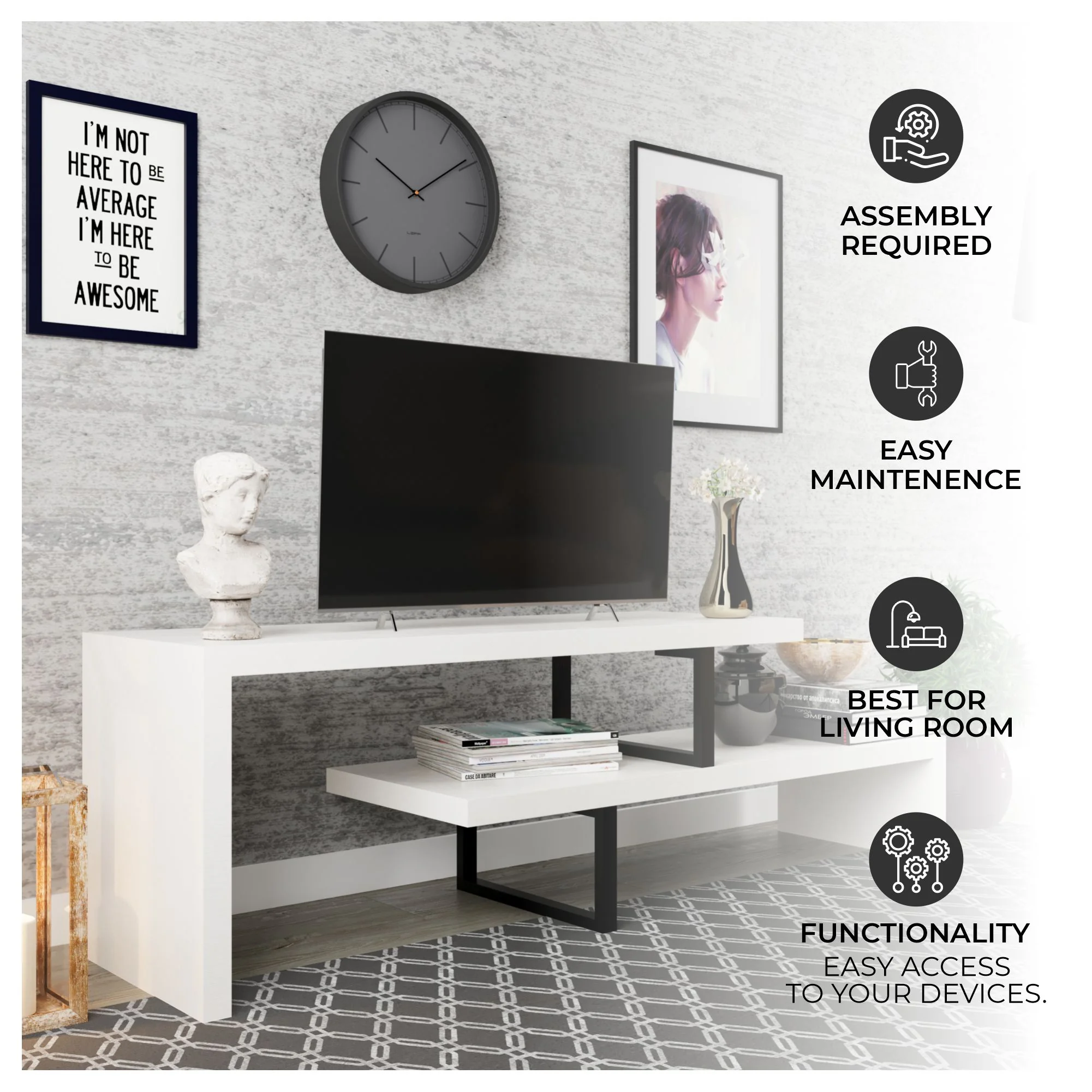 Orford Mid-Century Modern TV Stand with MDF Shelves and Powder Coated Iron Legs in White