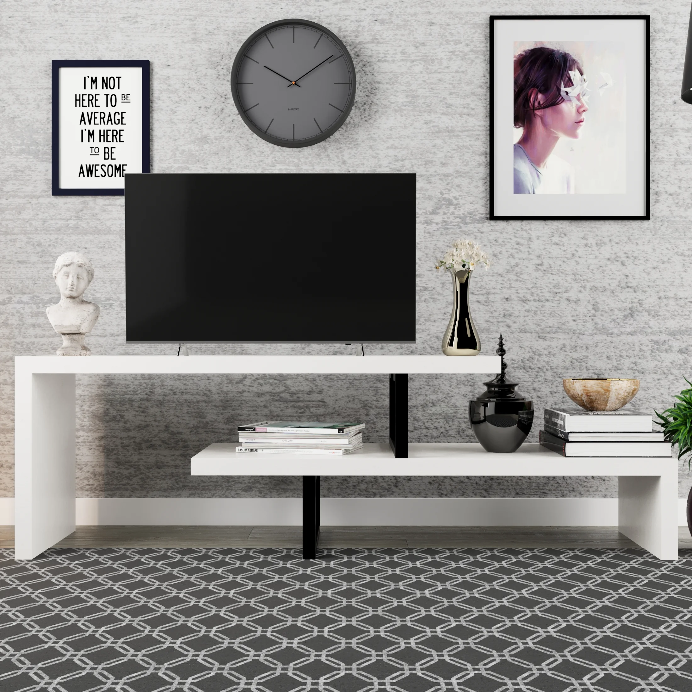 Orford Mid-Century Modern TV Stand with MDF Shelves and Powder Coated Iron Legs in White