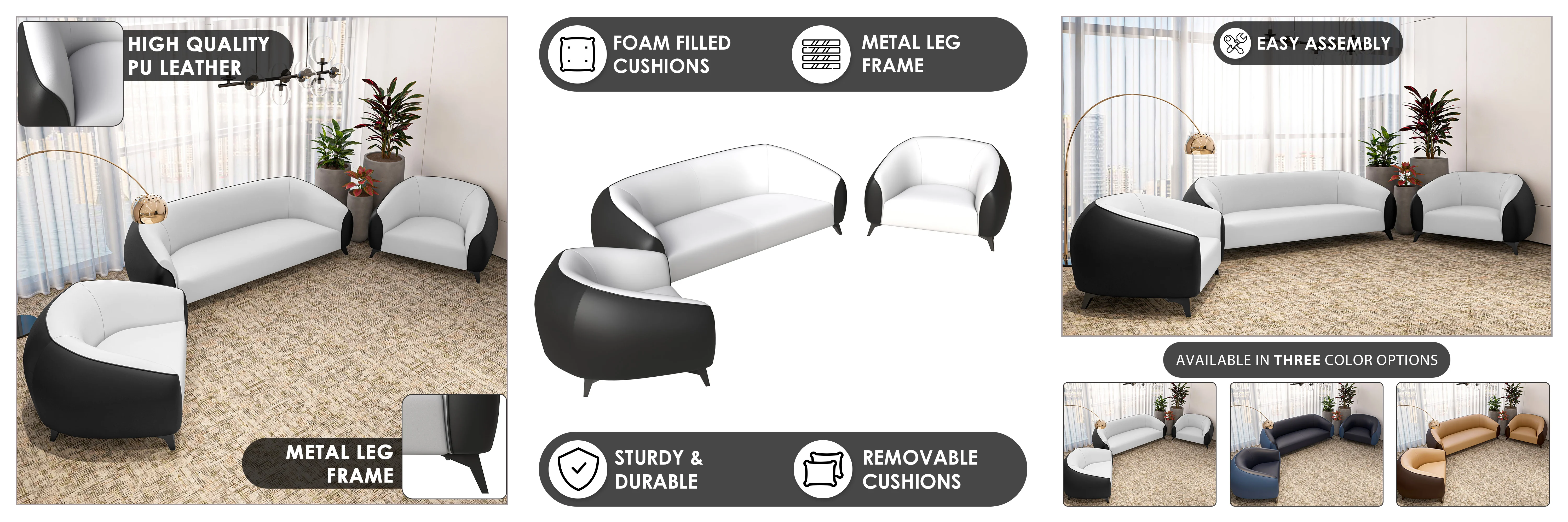 Opula Collection Sofa Set, 2 Single Seaters, and 3 seater In Black\White