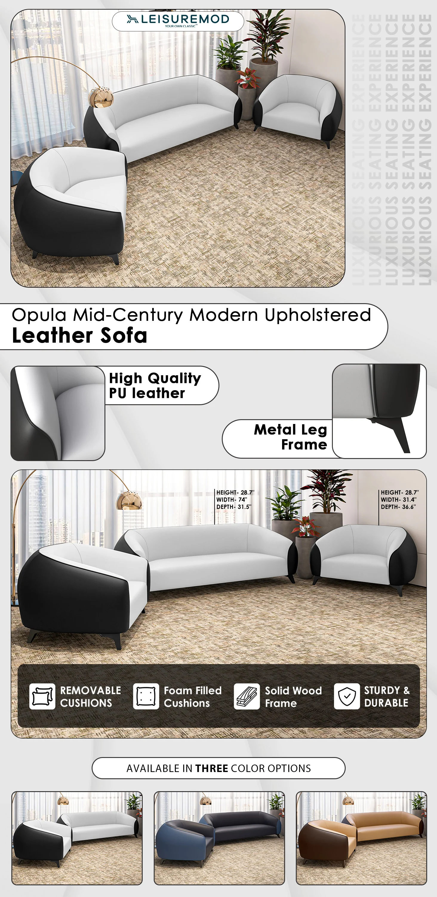 Opula Collection Sofa Set, 2 Single Seaters, and 3 seater In Black\White
