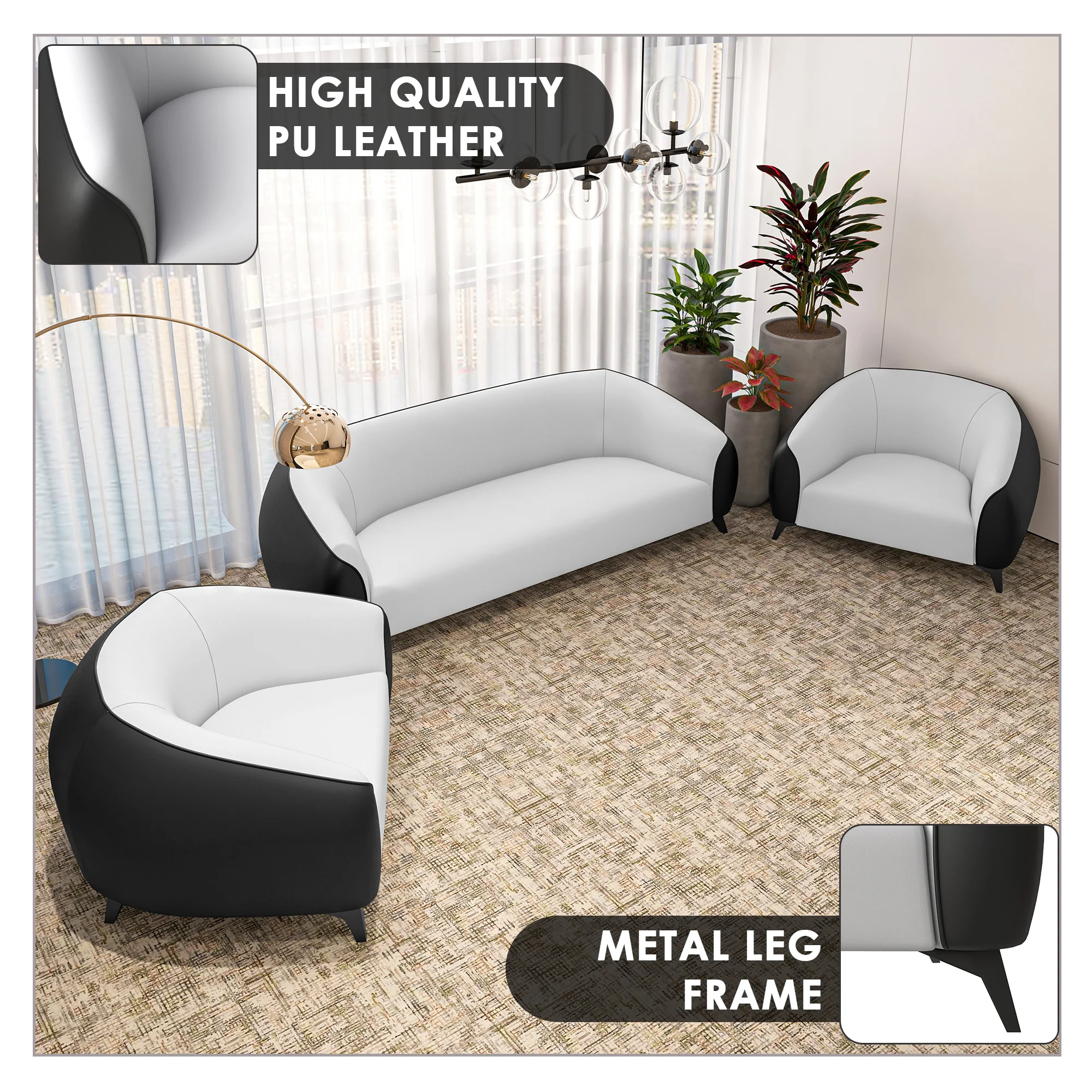 Opula Collection Sofa Set, 2 Single Seaters, and 3 seater In Black\White