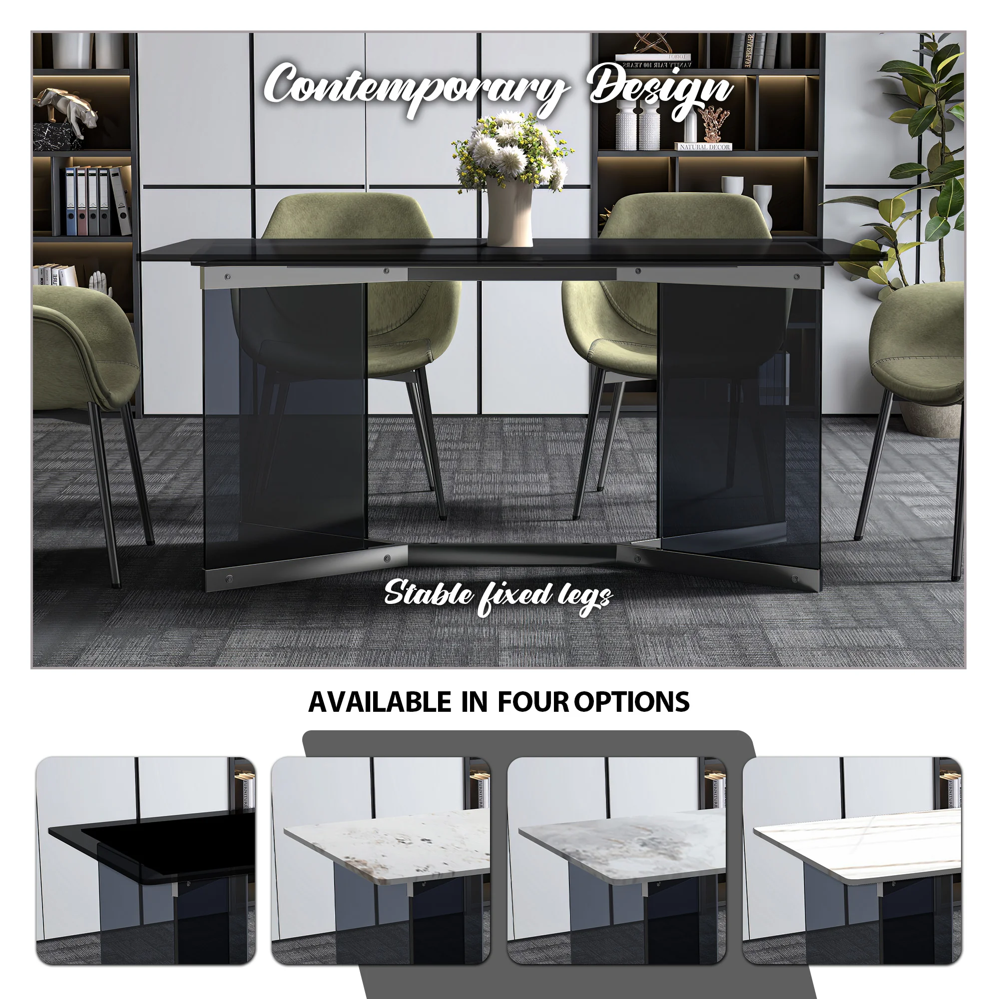 Oryn Series Modern Dining Table Black Glass and Steel Base, With 55 Black Glass Top
