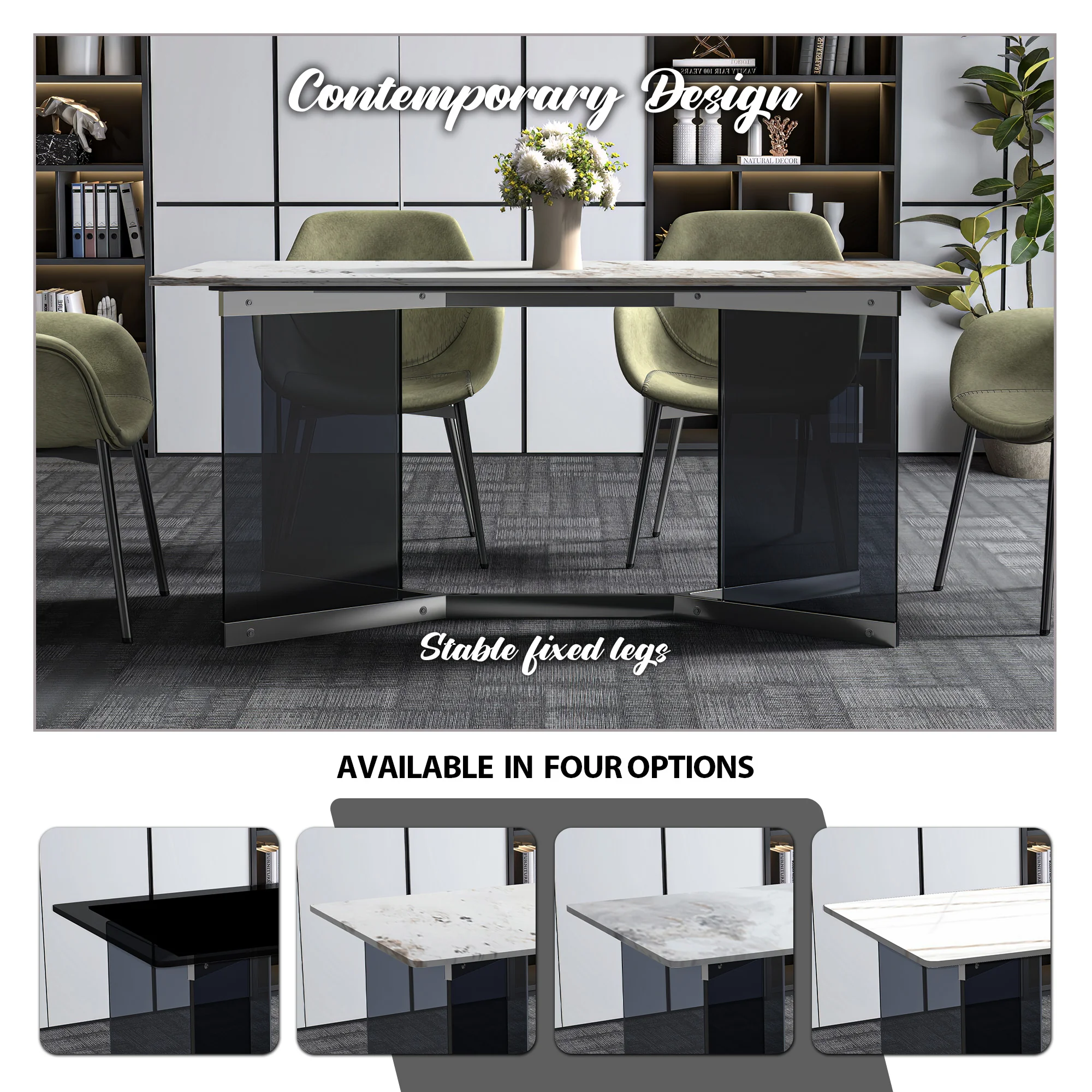 Oryn Series Modern Dining Table Black Glass and Steel Base, With 55 White Grey Sintered Stone Top