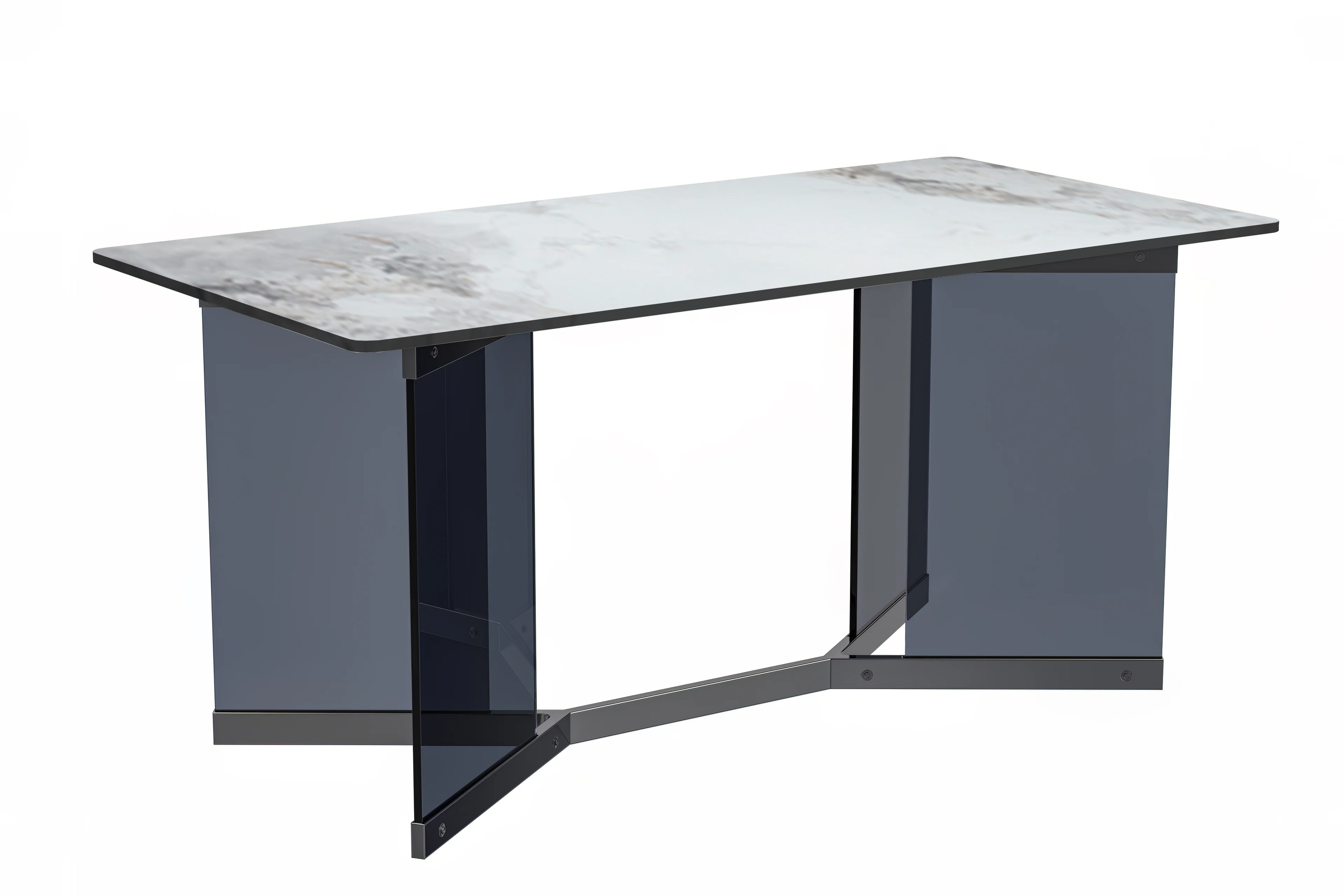 Oryn Series Modern Dining Table Black Glass and Steel Base, With 55 Medium Grey Sintered Stone Top