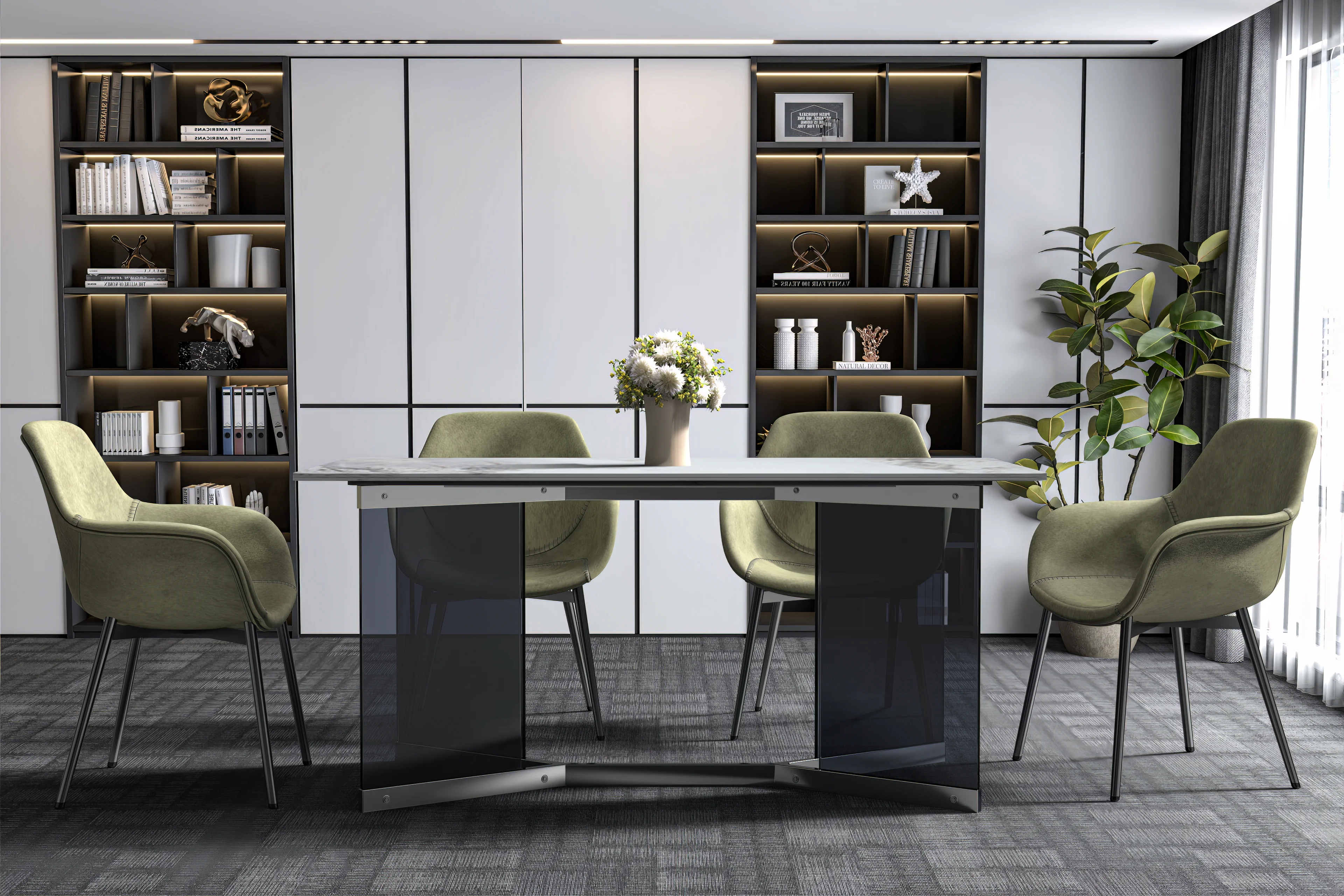 Oryn Series Modern Dining Table Black Glass and Steel Base, With 55 Medium Grey Sintered Stone Top