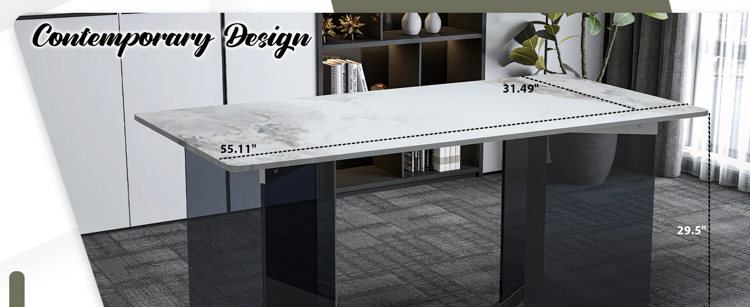 Oryn Series Modern Dining Table Black Glass and Steel Base, With 55 Medium Grey Sintered Stone Top