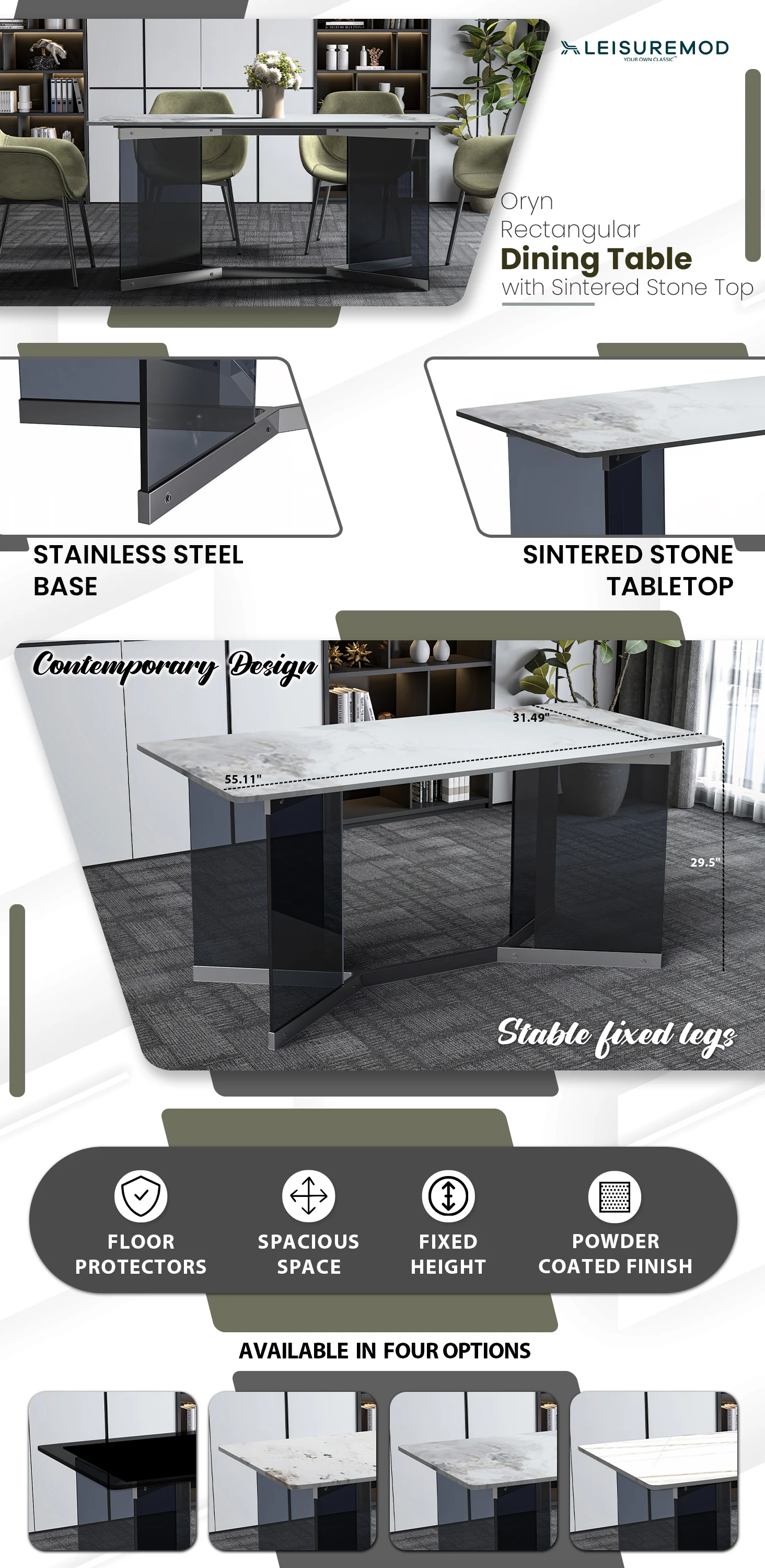 Oryn Series Modern Dining Table Black Glass and Steel Base, With 55 Medium Grey Sintered Stone Top