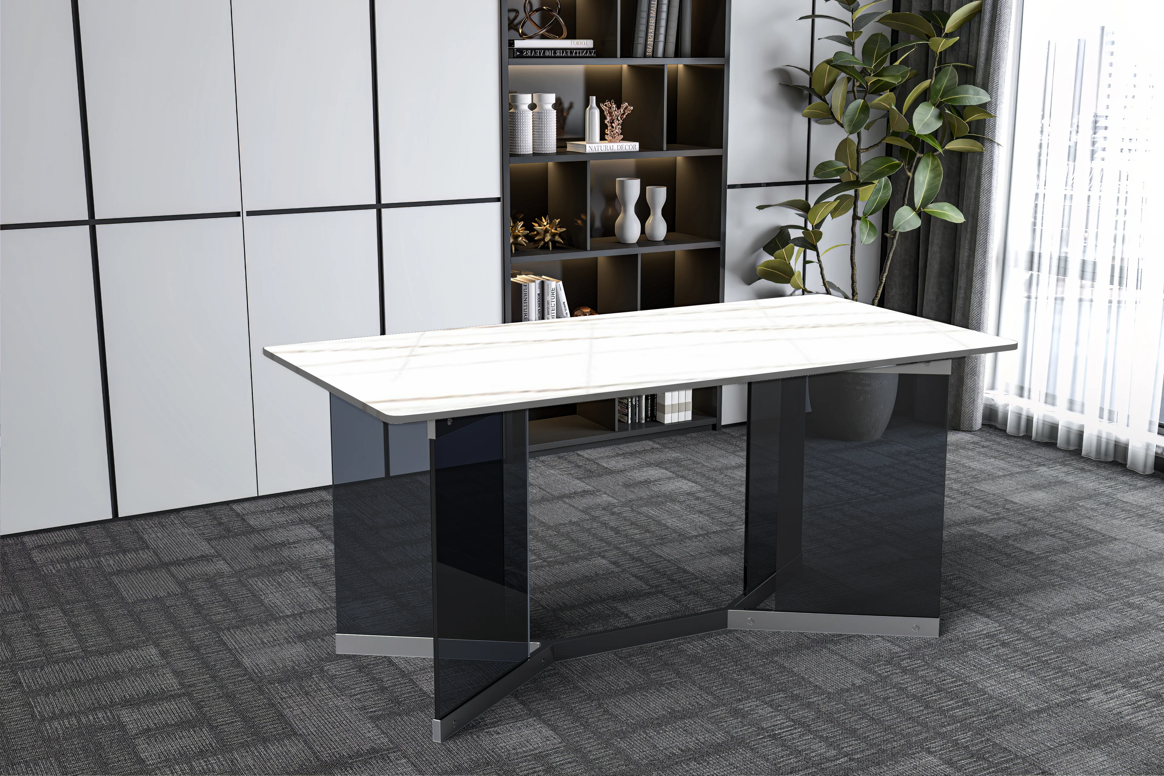Oryn Series Modern Dining Table Black Glass and Steel Base, With 55 White/Gold Sintered Stone Top