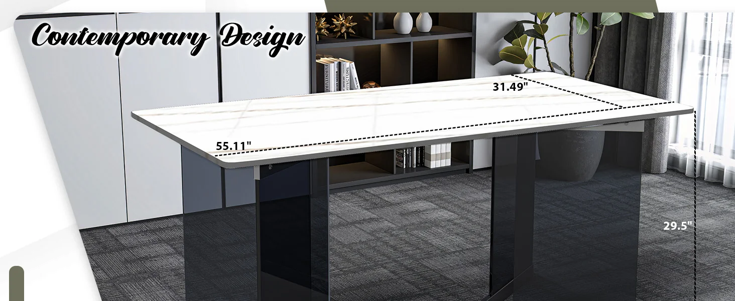 Oryn Series Modern Dining Table Black Glass and Steel Base, With 55 White/Gold Sintered Stone Top
