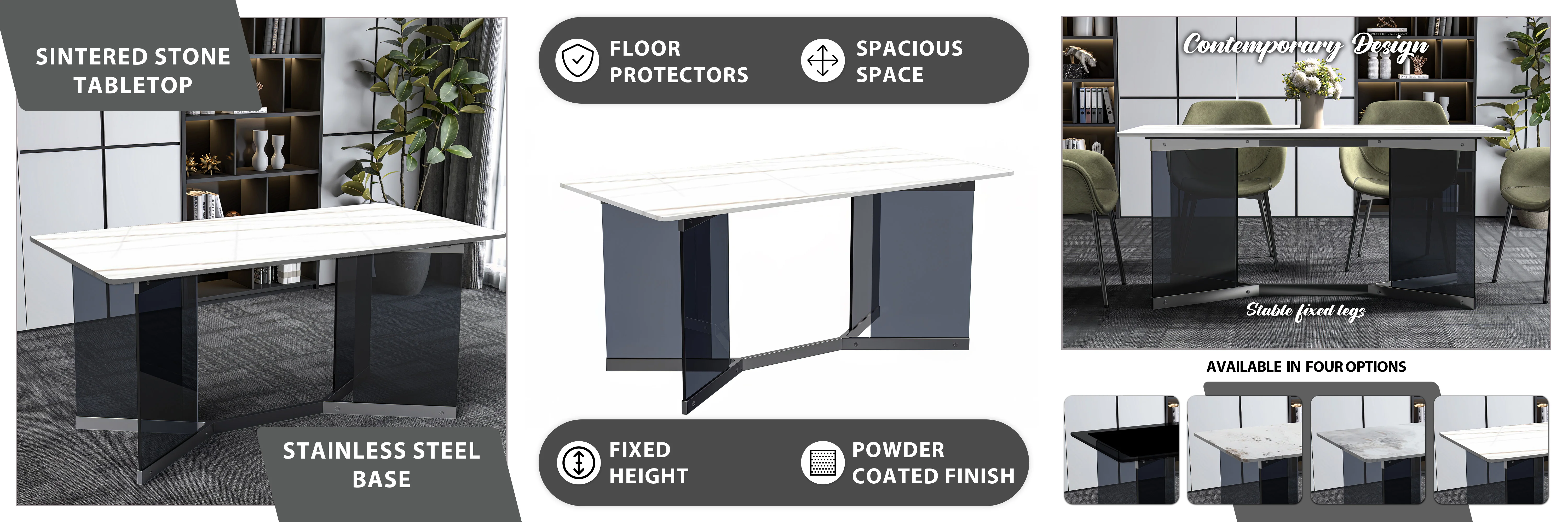 Oryn Series Modern Dining Table Black Glass and Steel Base, With 55 White/Gold Sintered Stone Top