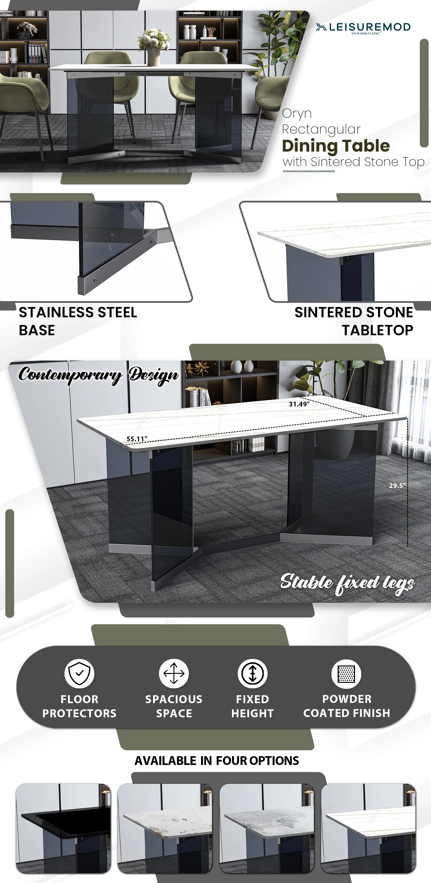 Oryn Series Modern Dining Table Black Glass and Steel Base, With 55 White/Gold Sintered Stone Top