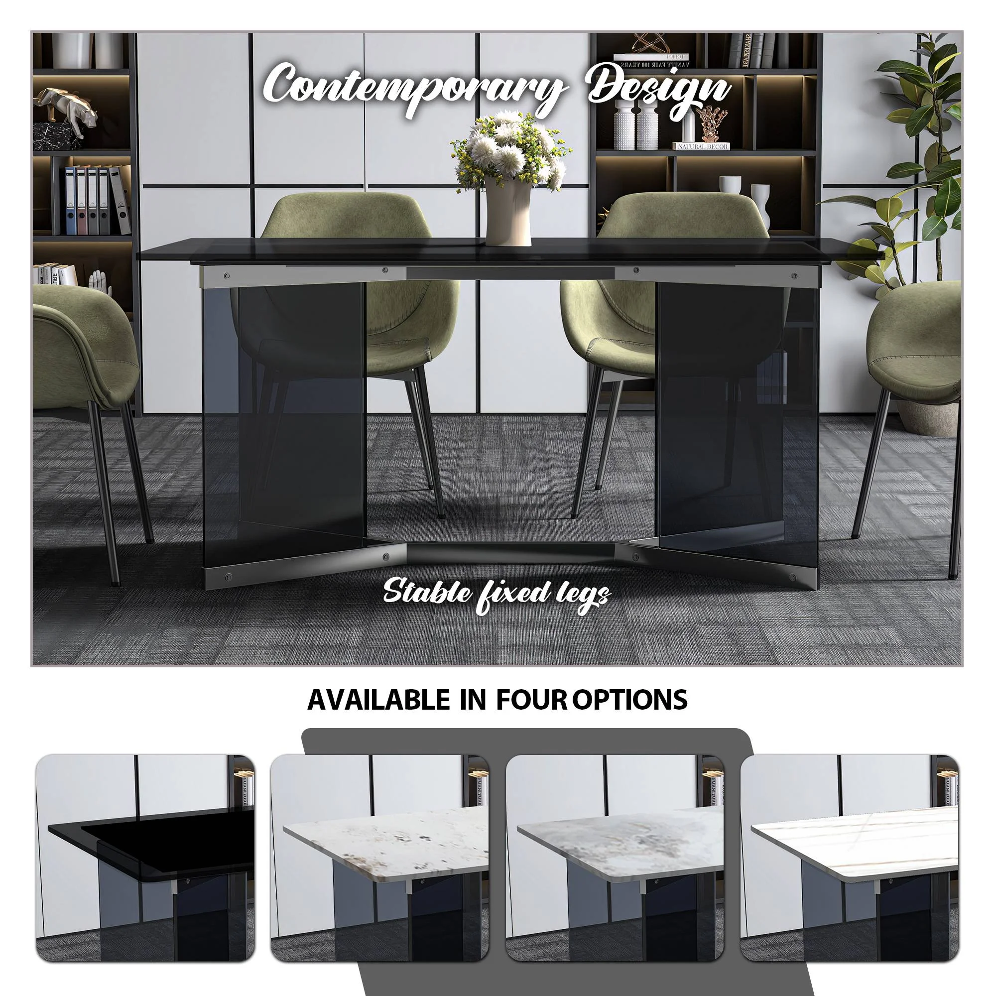 Oryn Series Modern Dining Table Black Glass and Steel Base, With 62" Black Glass Top