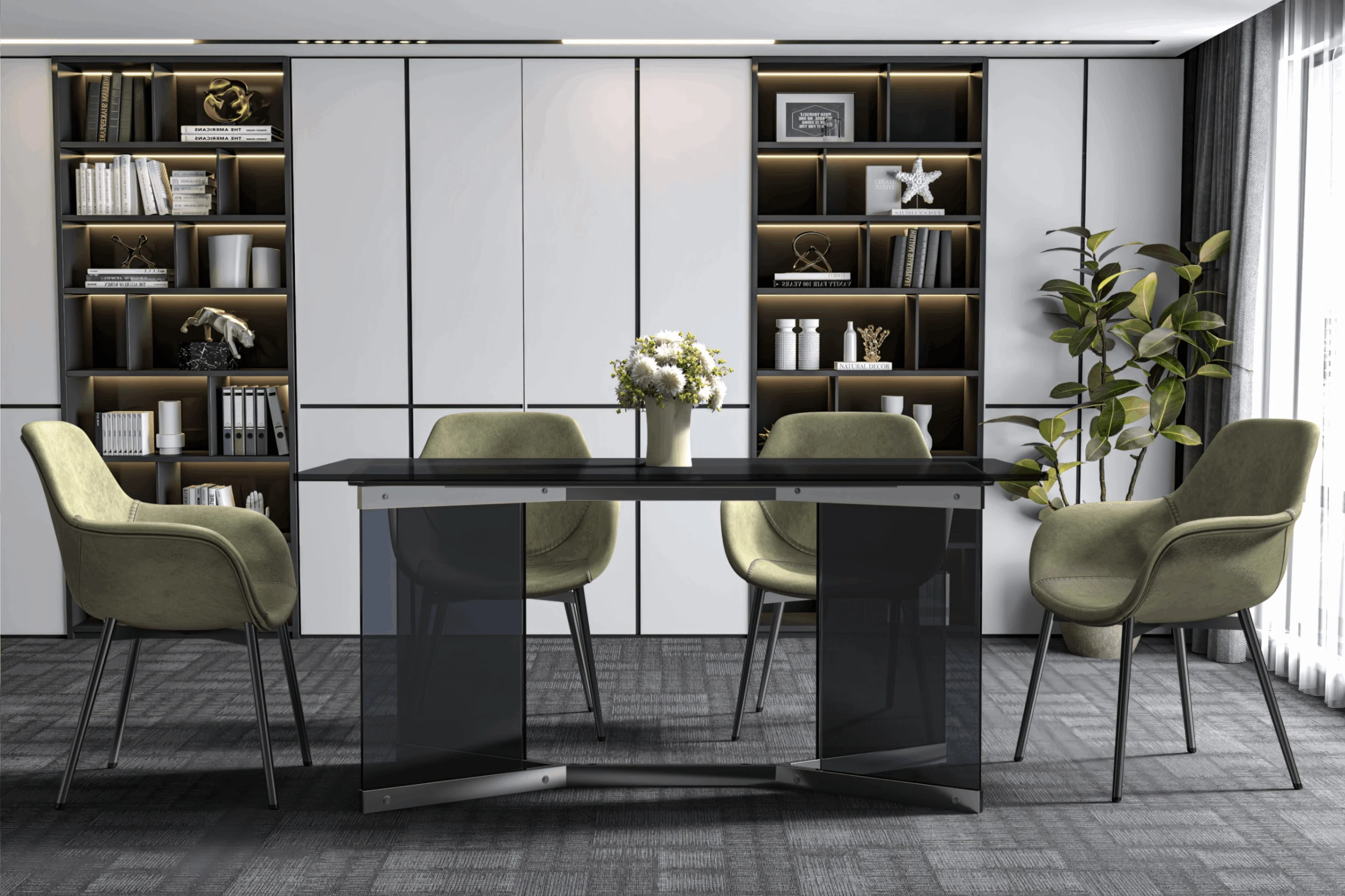 Oryn Series Modern Dining Table Black Glass and Steel Base, With 62" Black Glass Top