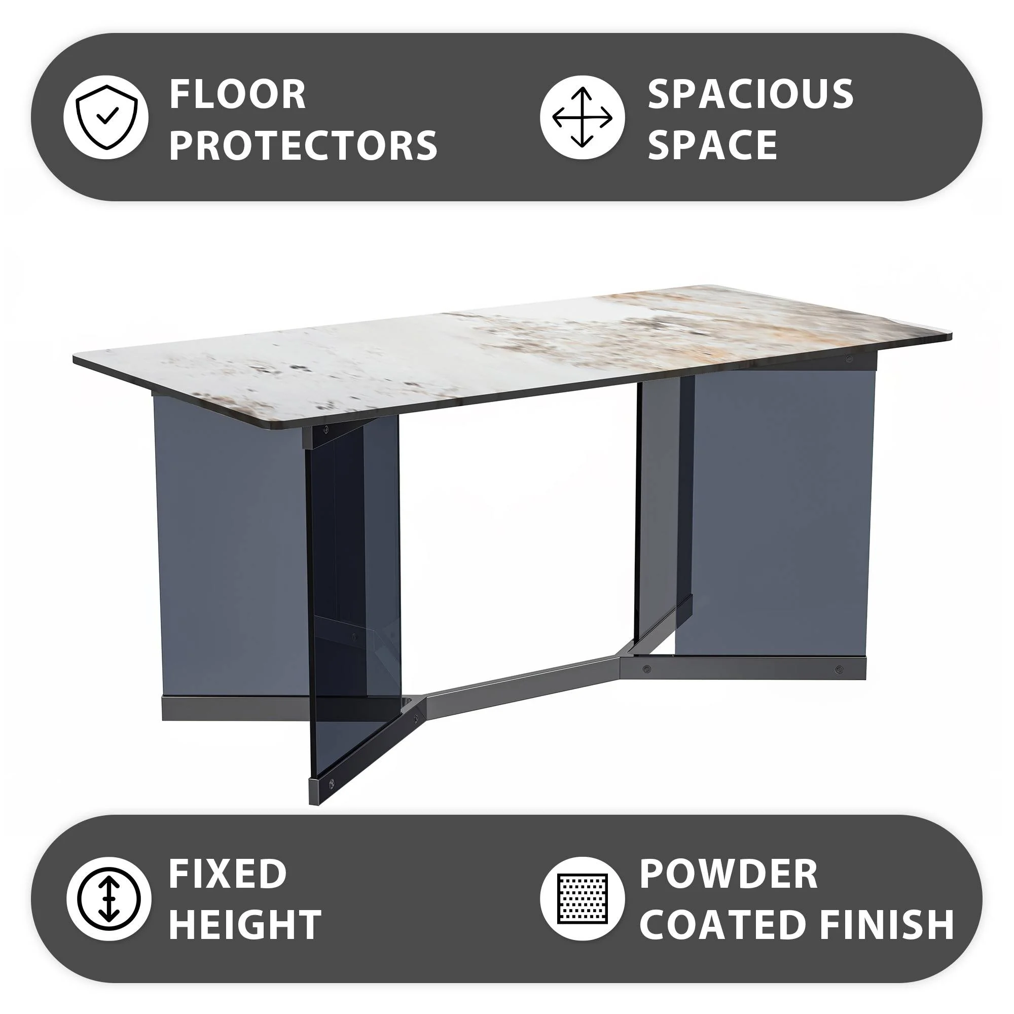 Oryn Series Modern Dining Table Black Glass and Steel Base, With 62" White Grey Sintered Stone Top