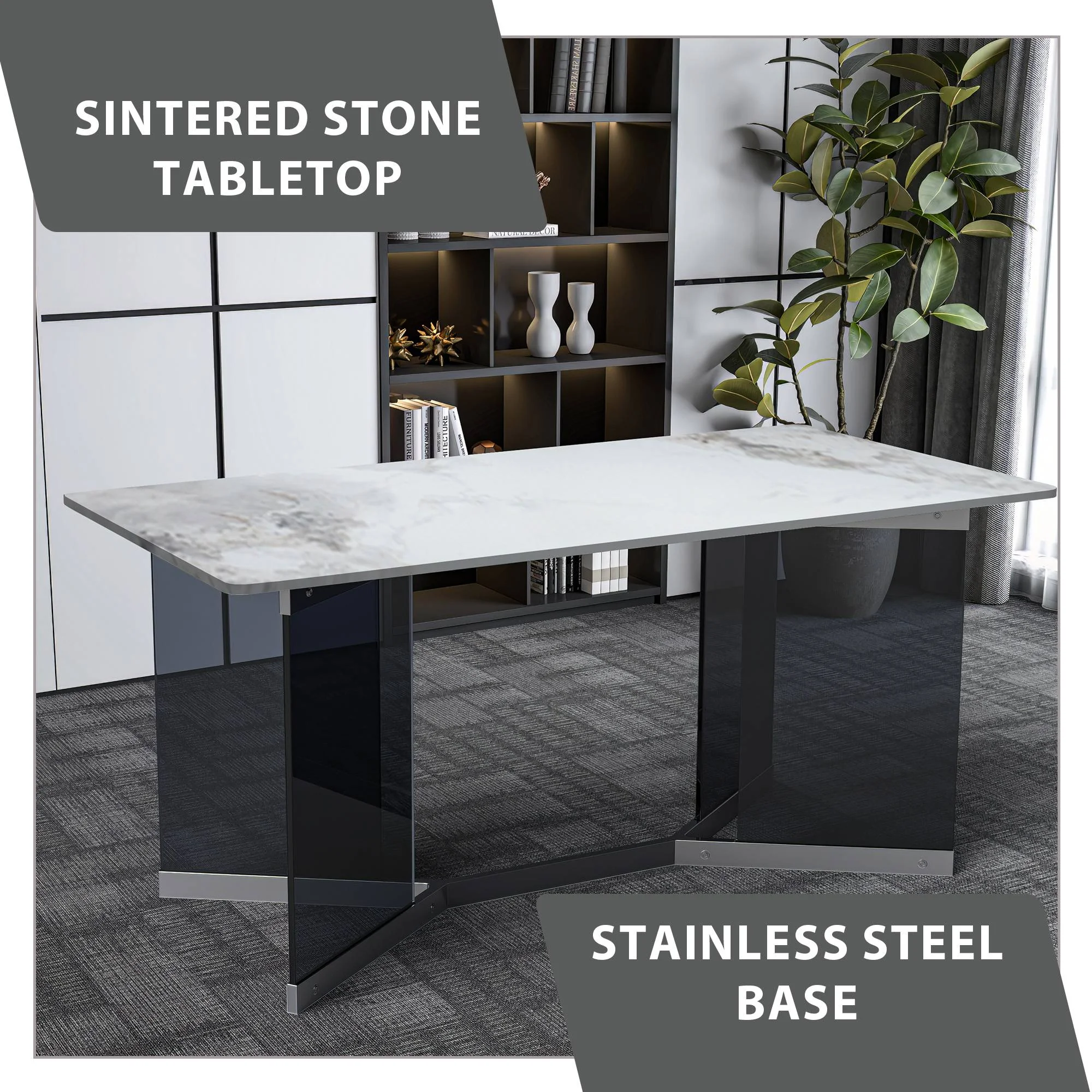 Oryn Series Modern Dining Table Black Glass and Steel Base, With 62" Medium Grey Sintered Stone Top