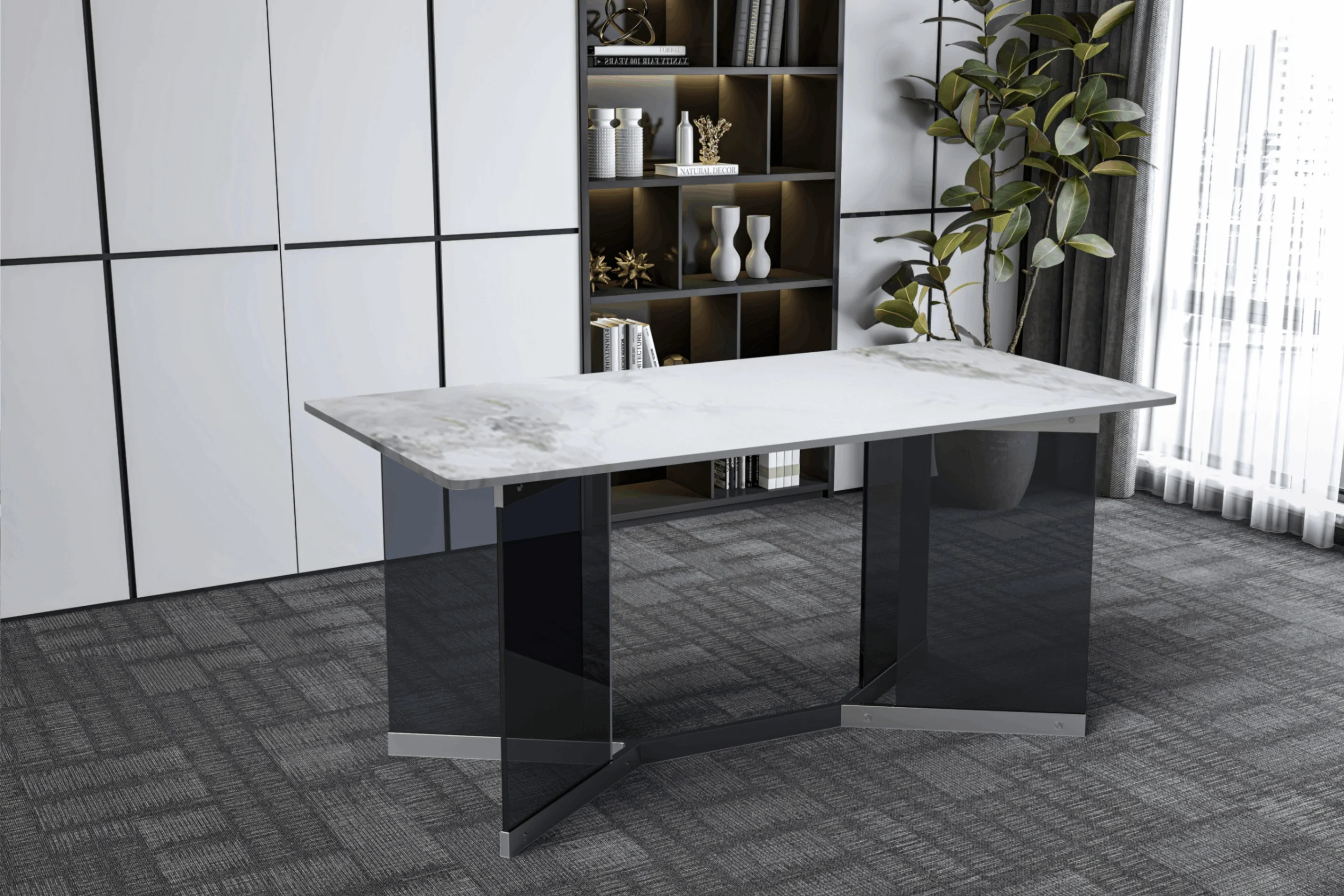 Oryn Series Modern Dining Table Black Glass and Steel Base, With 62" Medium Grey Sintered Stone Top