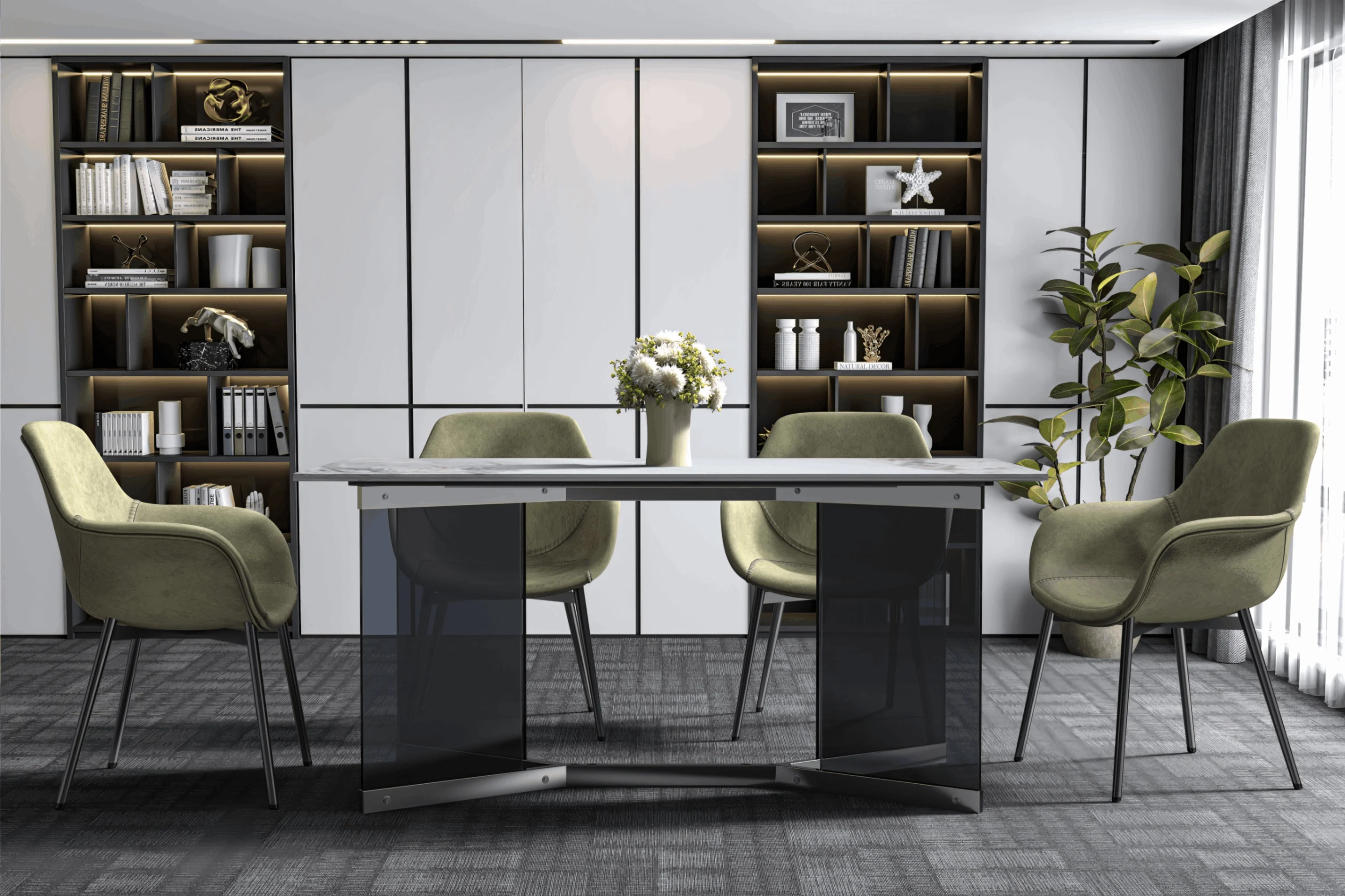 Oryn Series Modern Dining Table Black Glass and Steel Base, With 62" Medium Grey Sintered Stone Top