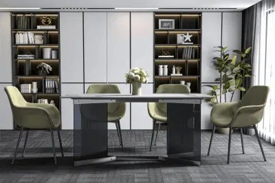 Oryn Series Modern Dining Table Black Glass and Steel Base, With 62" Medium Grey Sintered Stone Top