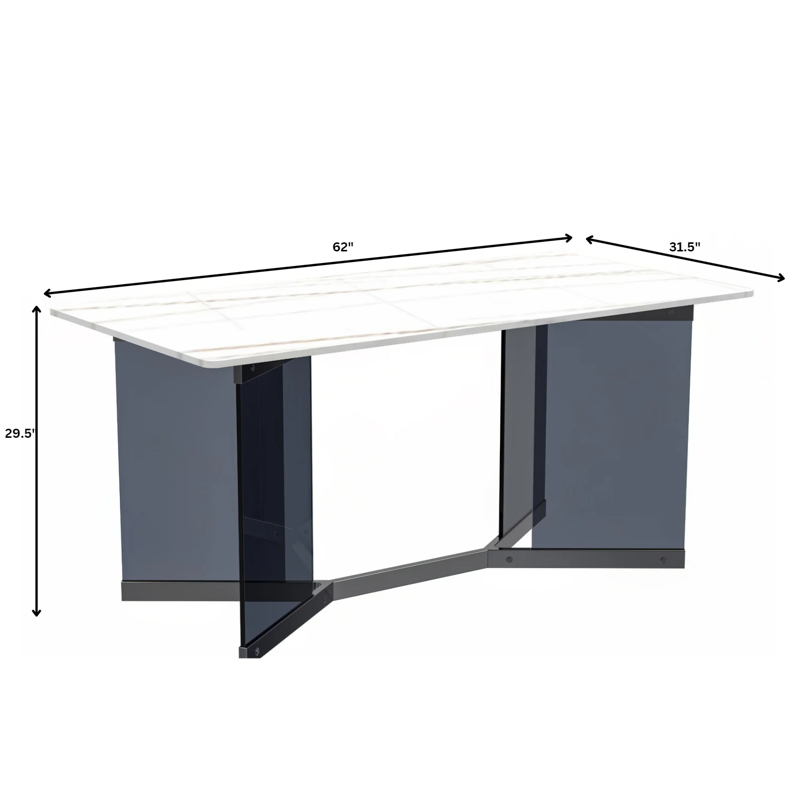 Oryn Series Modern Dining Table Black Glass and Steel Base, With 62" White/Gold Sintered Stone Top