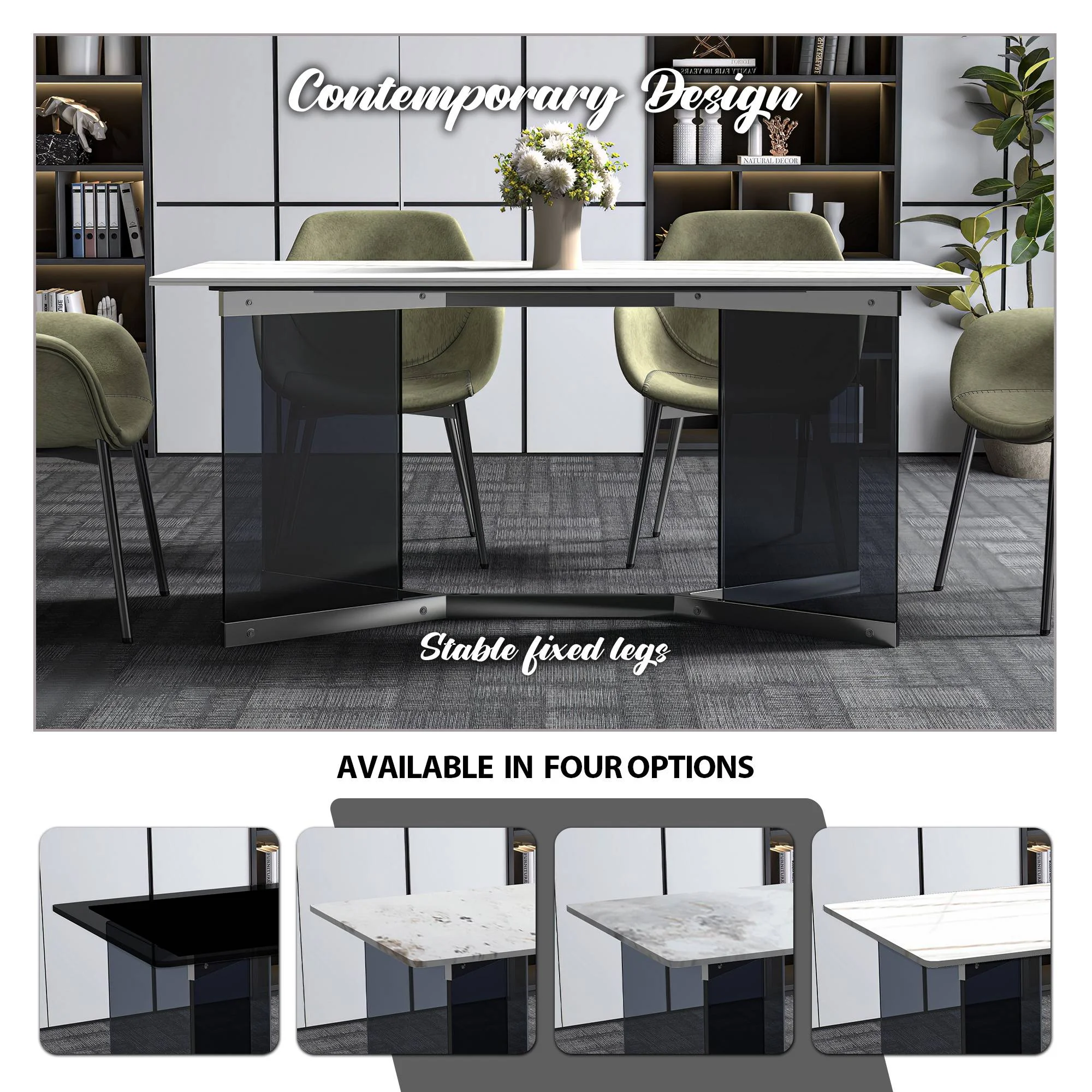 Oryn Series Modern Dining Table Black Glass and Steel Base, With 62" White/Gold Sintered Stone Top