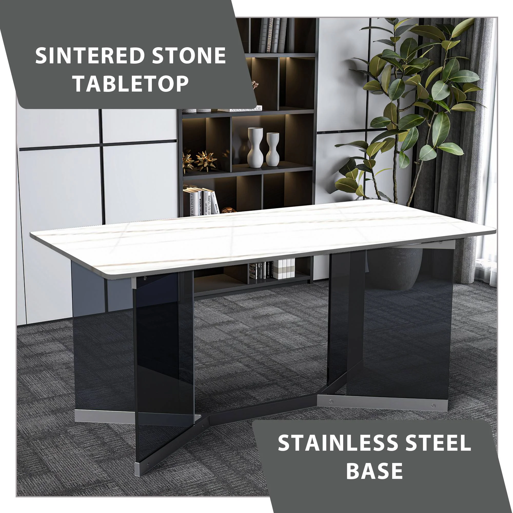 Oryn Series Modern Dining Table Black Glass and Steel Base, With 62" White/Gold Sintered Stone Top